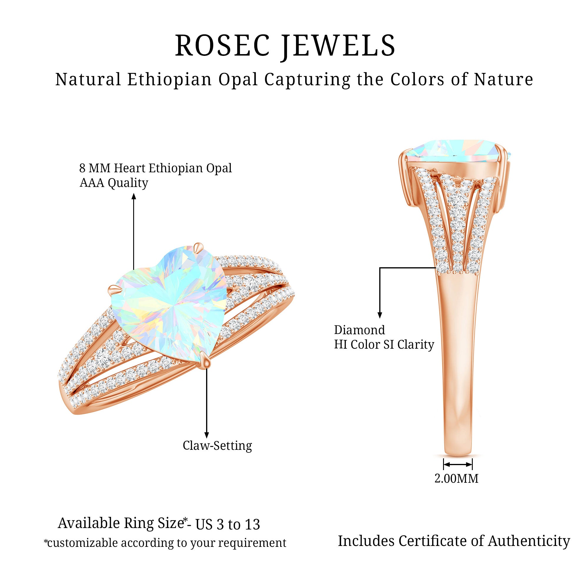 Designer Ethiopian Opal Heart Engagement Ring with Diamond Split Shank AAA - Rosec Jewels