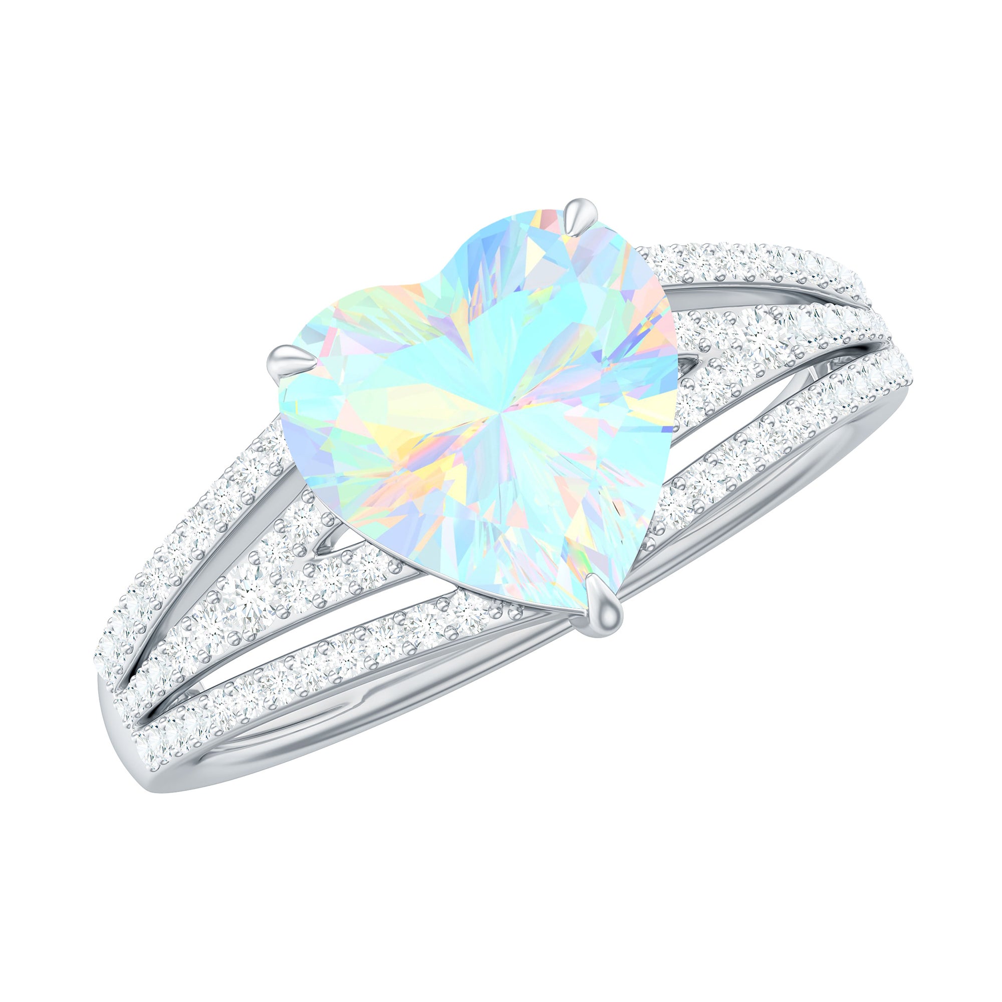 Designer Ethiopian Opal Heart Engagement Ring with Diamond Split Shank