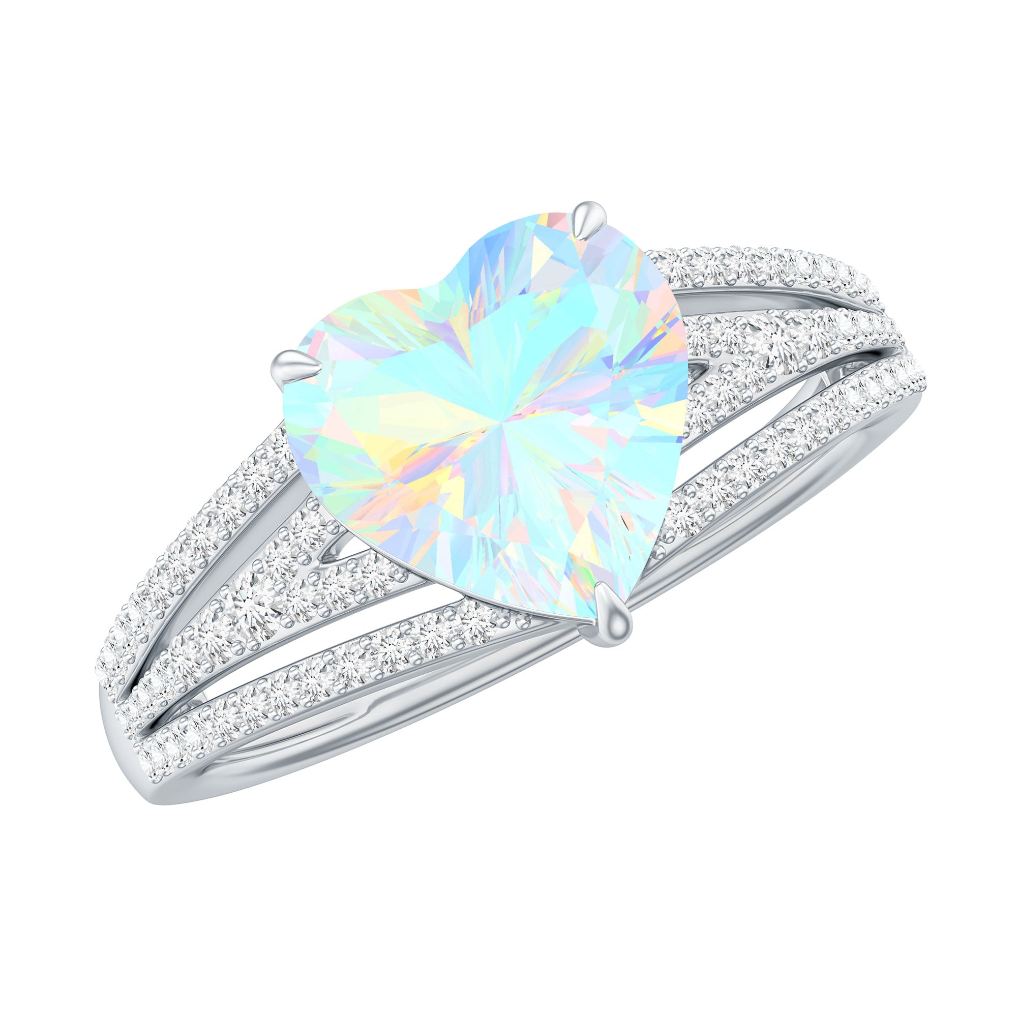 Designer Ethiopian Opal Heart Engagement Ring with Diamond Split Shank AAA - Rosec Jewels