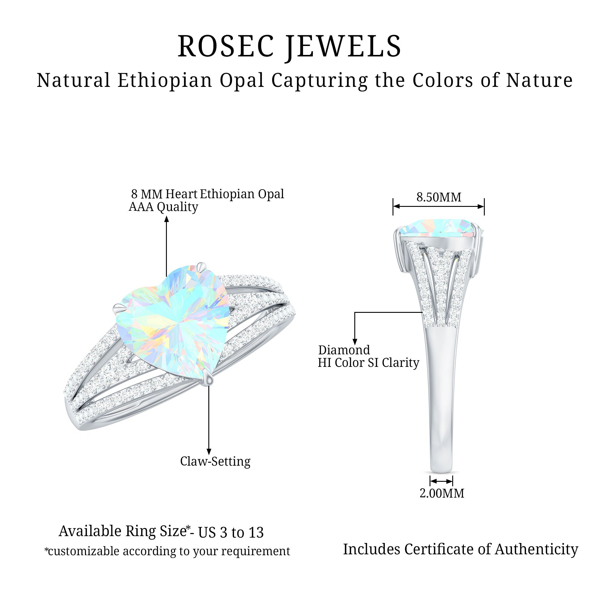 Designer Ethiopian Opal Heart Engagement Ring with Diamond Split Shank AAA - Rosec Jewels