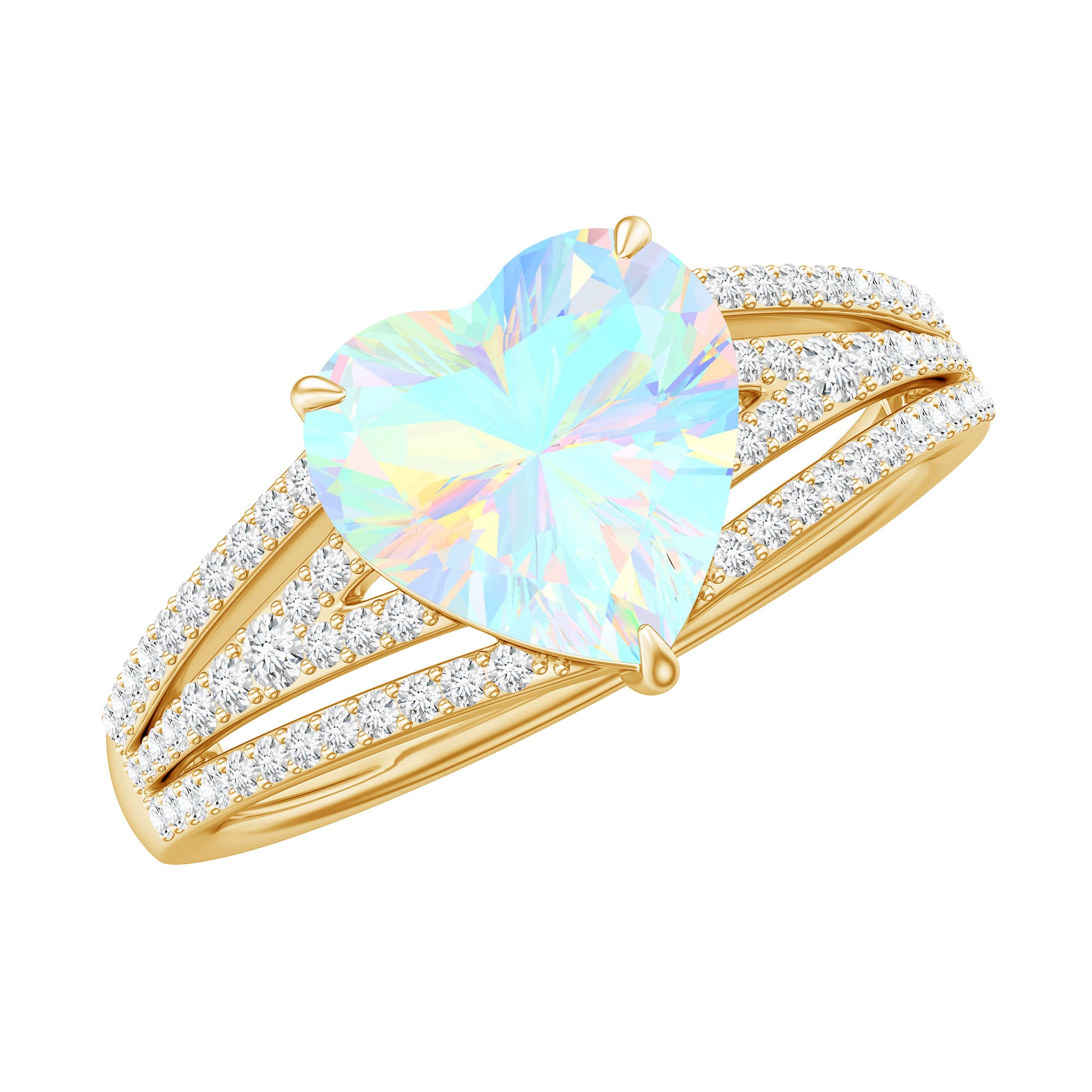 Designer Ethiopian Opal Heart Engagement Ring with Diamond Split Shank AAA - Rosec Jewels