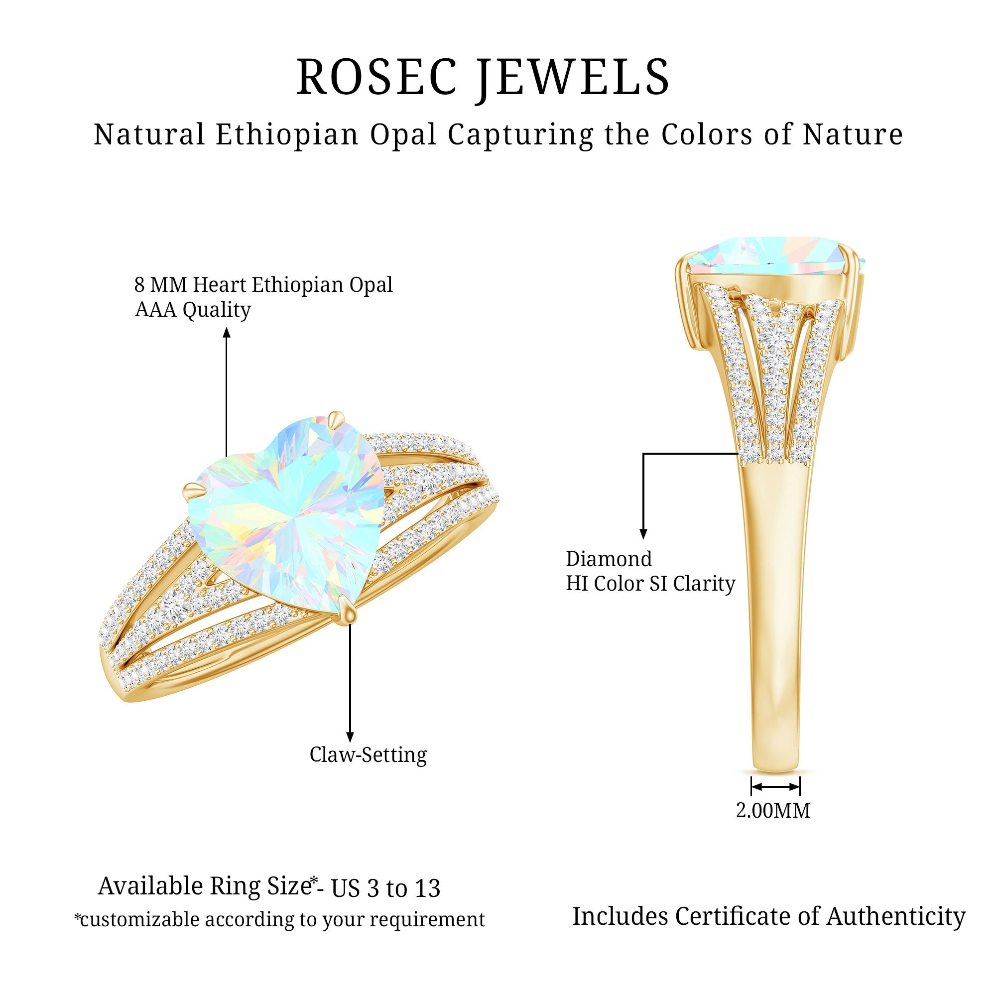 Designer Ethiopian Opal Heart Engagement Ring with Diamond Split Shank AAA - Rosec Jewels