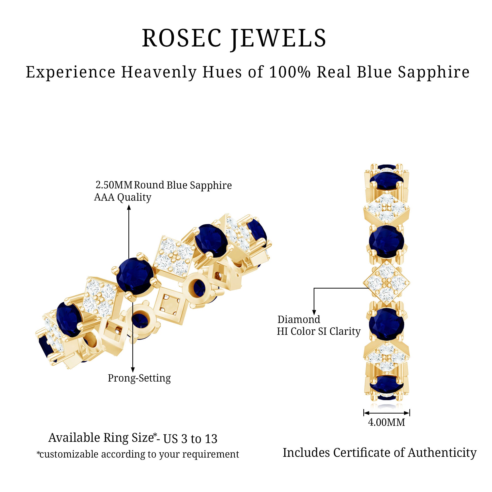 Rosec Jewels-2 CT Natural Blue Sapphire and Diamond Eternity Band Ring