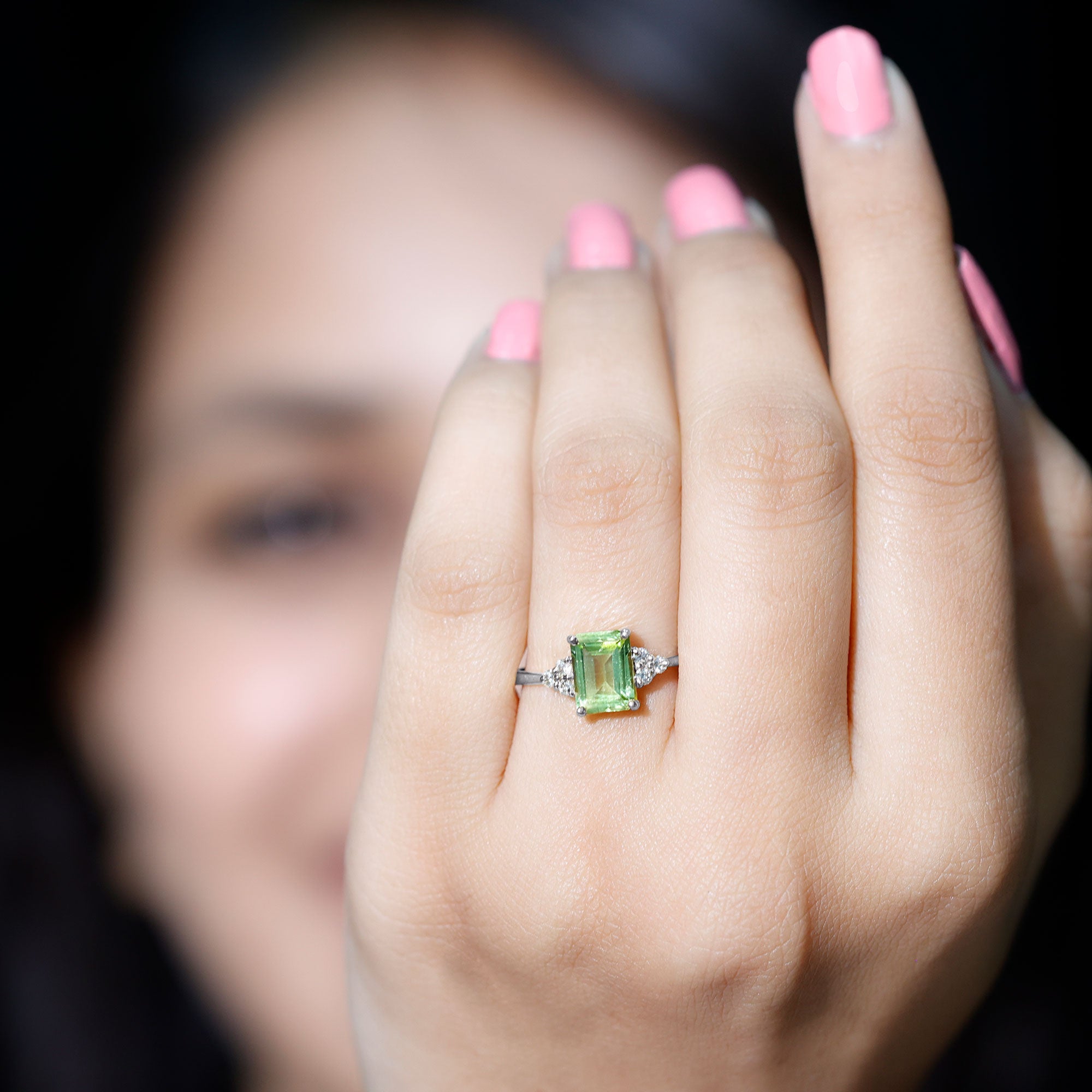 Emerald Cut Peridot Engagement Ring with Diamond Trio AAA - Rosec Jewels