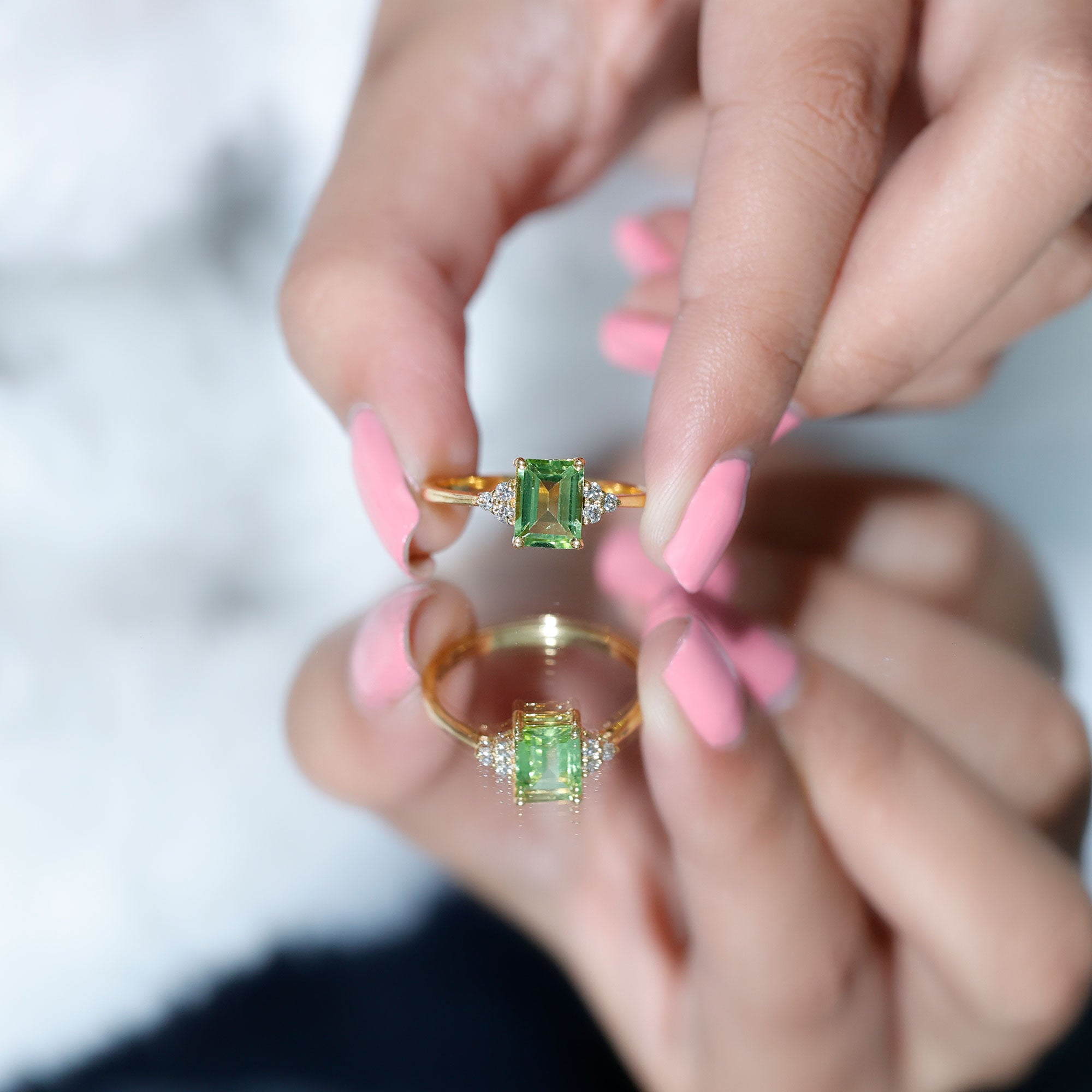 Emerald Cut Peridot Engagement Ring with Diamond Trio AAA - Rosec Jewels