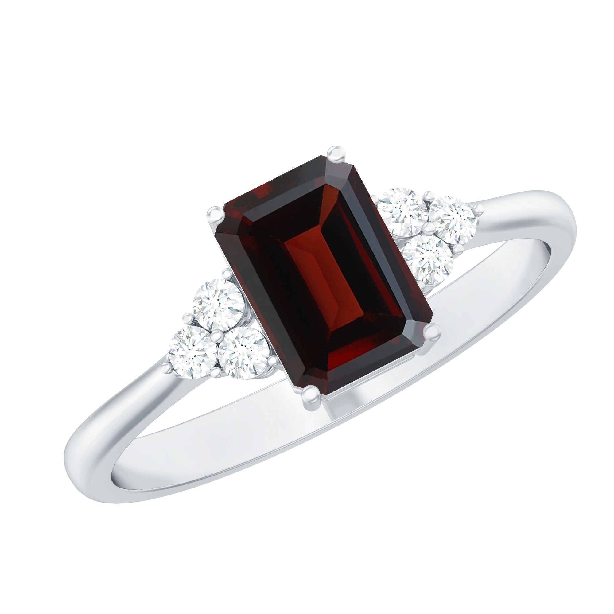 Natural Garnet Emerald Cut Engagement Ring with Diamond Trio