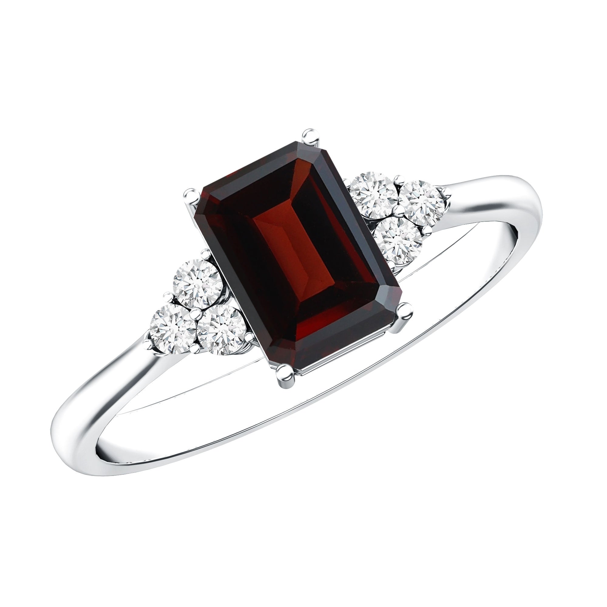 Natural Garnet Emerald Cut Engagement Ring with Diamond Trio AAA - Rosec Jewels