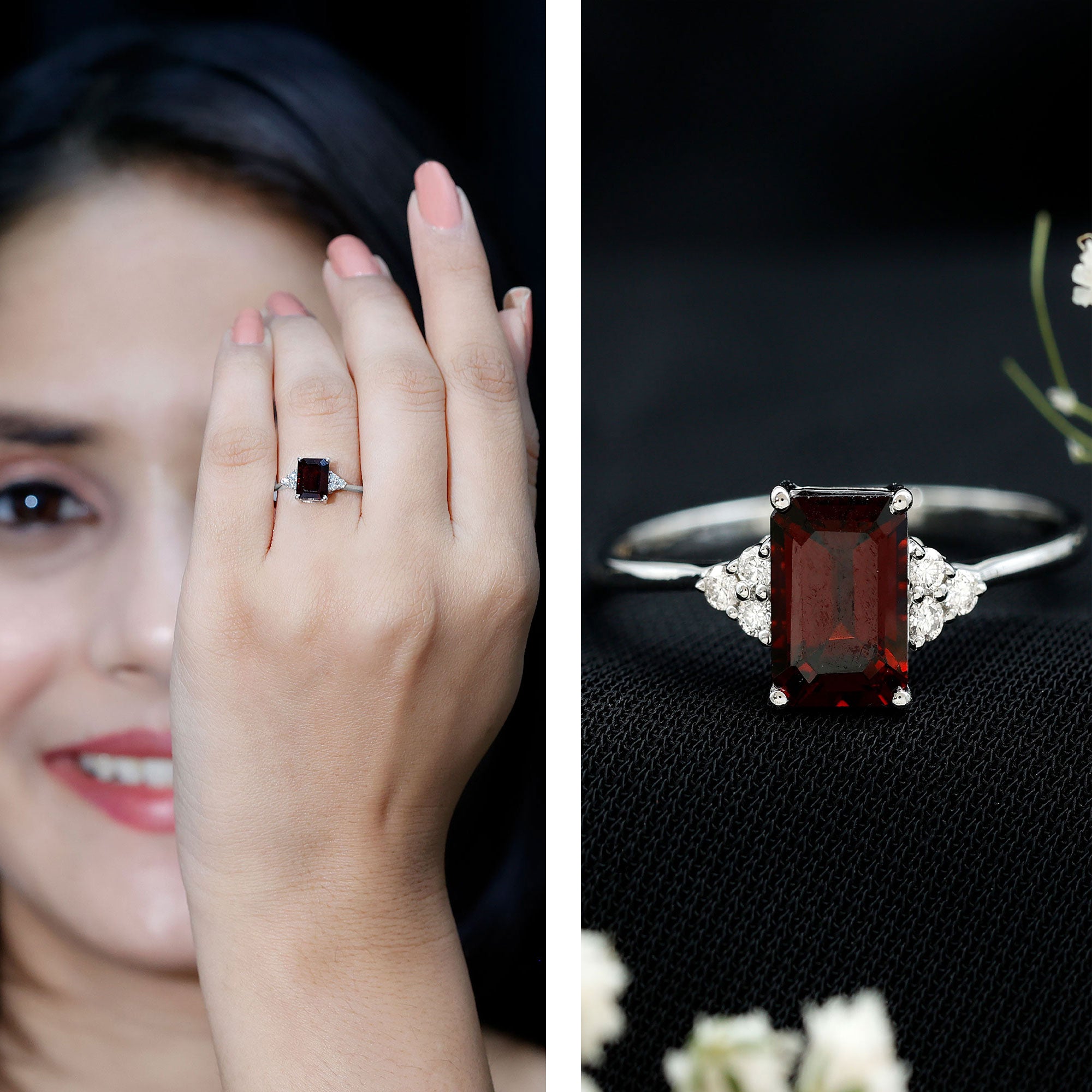 Natural Garnet Emerald Cut Engagement Ring with Diamond Trio AAA - Rosec Jewels