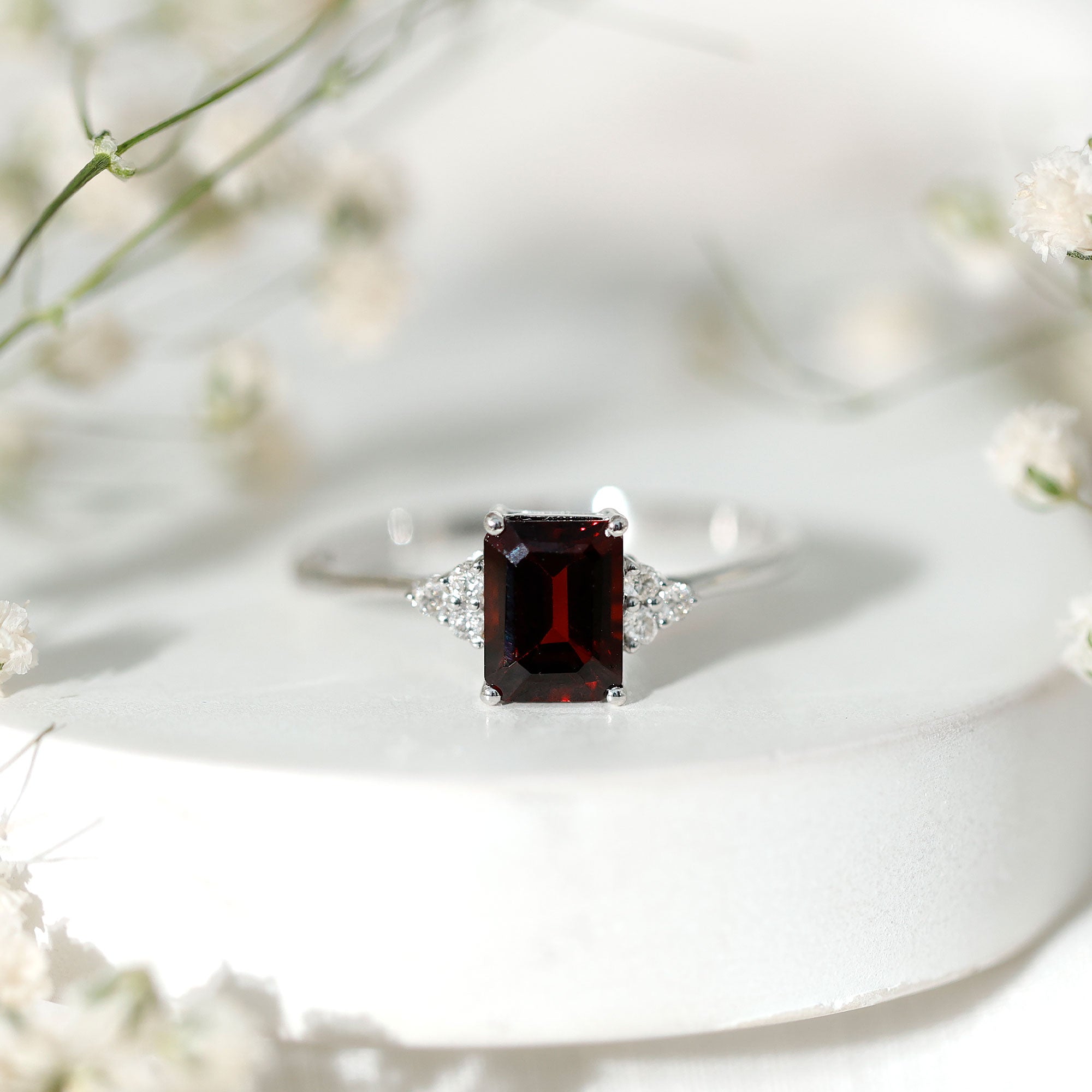 Natural Garnet Emerald Cut Engagement Ring with Diamond Trio AAA - Rosec Jewels