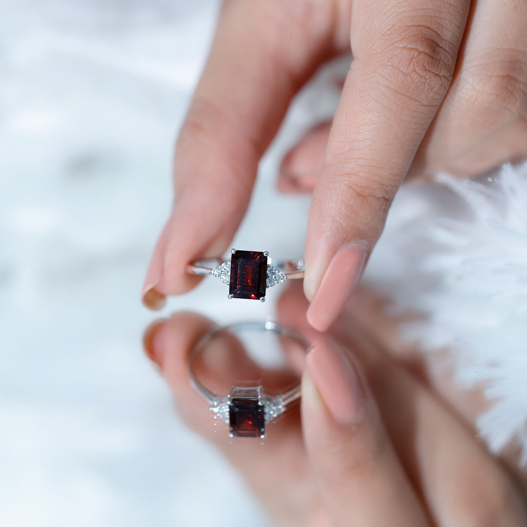 Natural Garnet Emerald Cut Engagement Ring with Diamond Trio AAA - Rosec Jewels