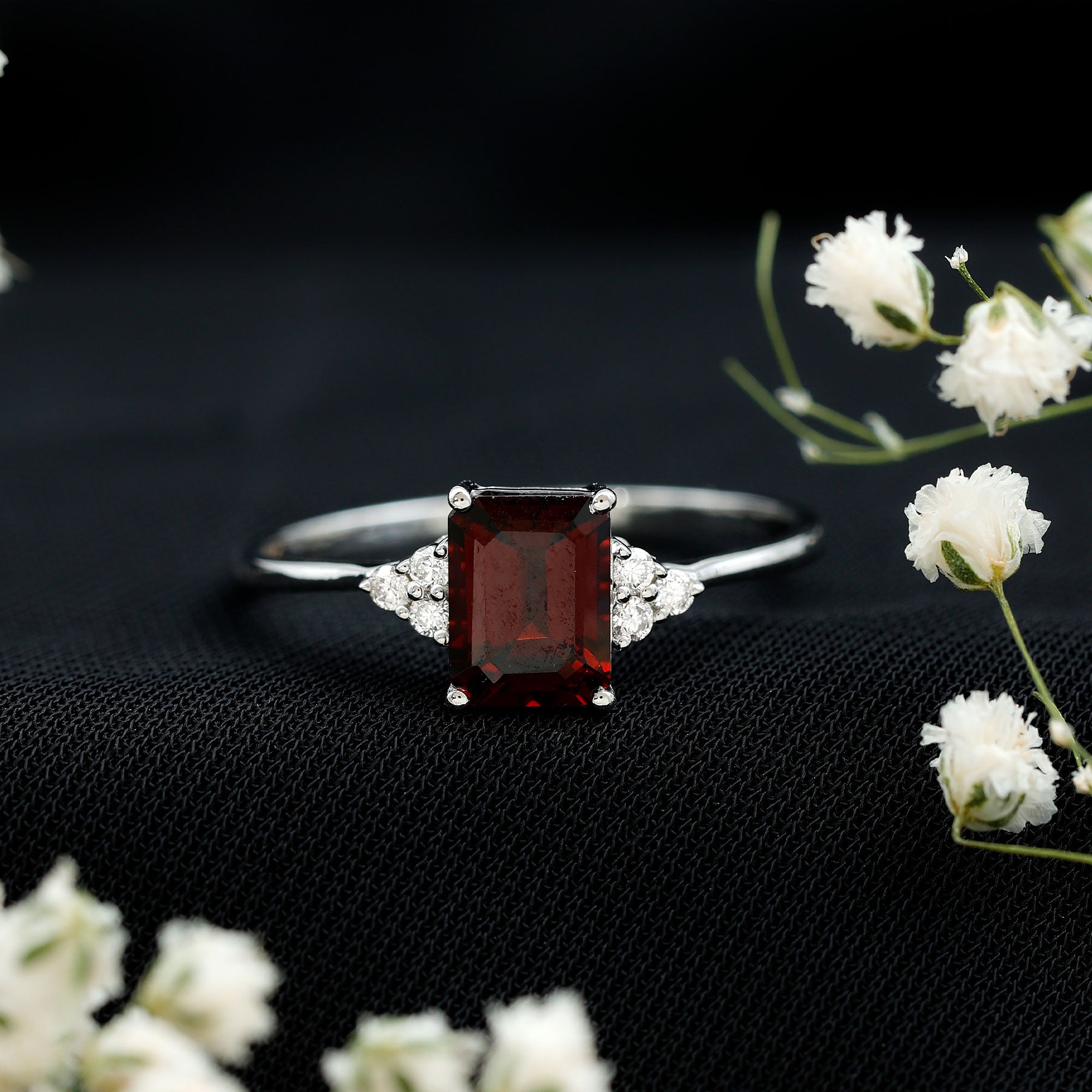 Natural Garnet Emerald Cut Engagement Ring with Diamond Trio AAA - Rosec Jewels