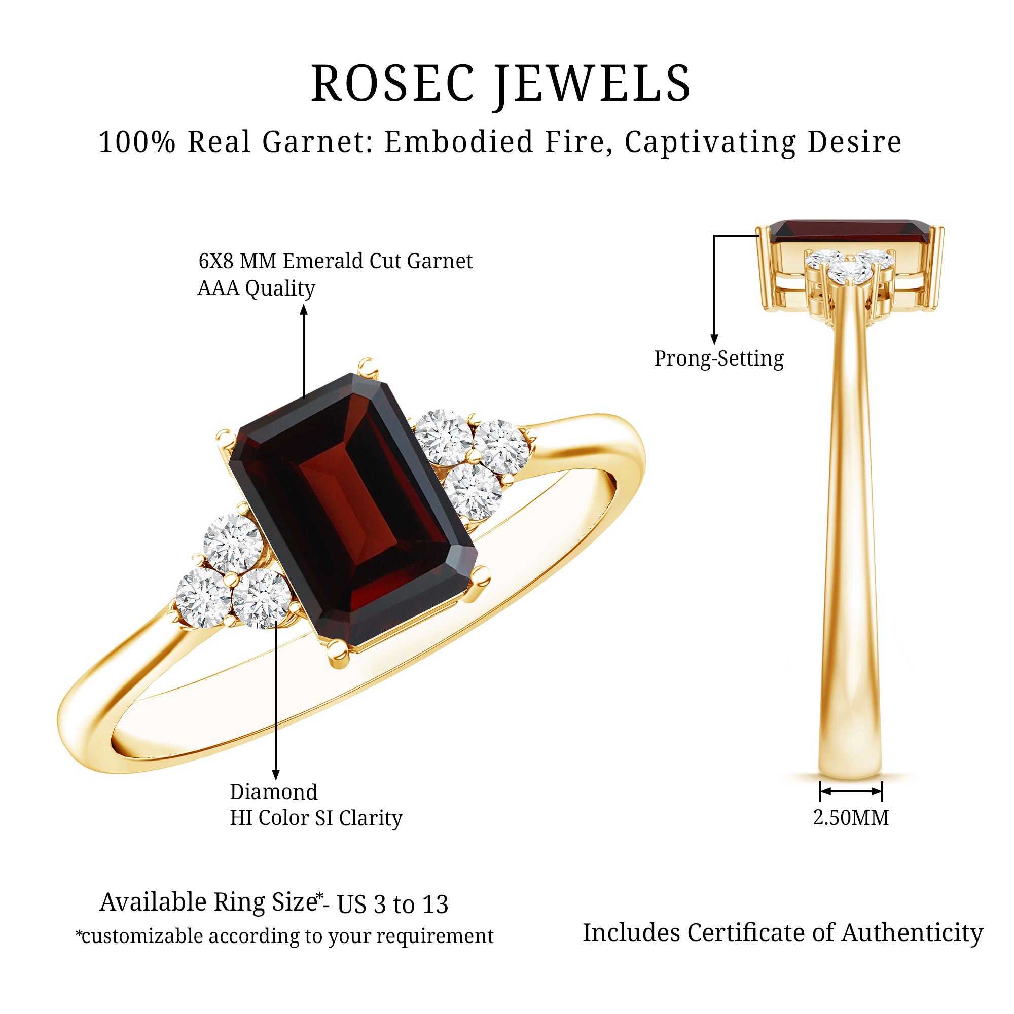 Natural Garnet Emerald Cut Engagement Ring with Diamond Trio AAA - Rosec Jewels