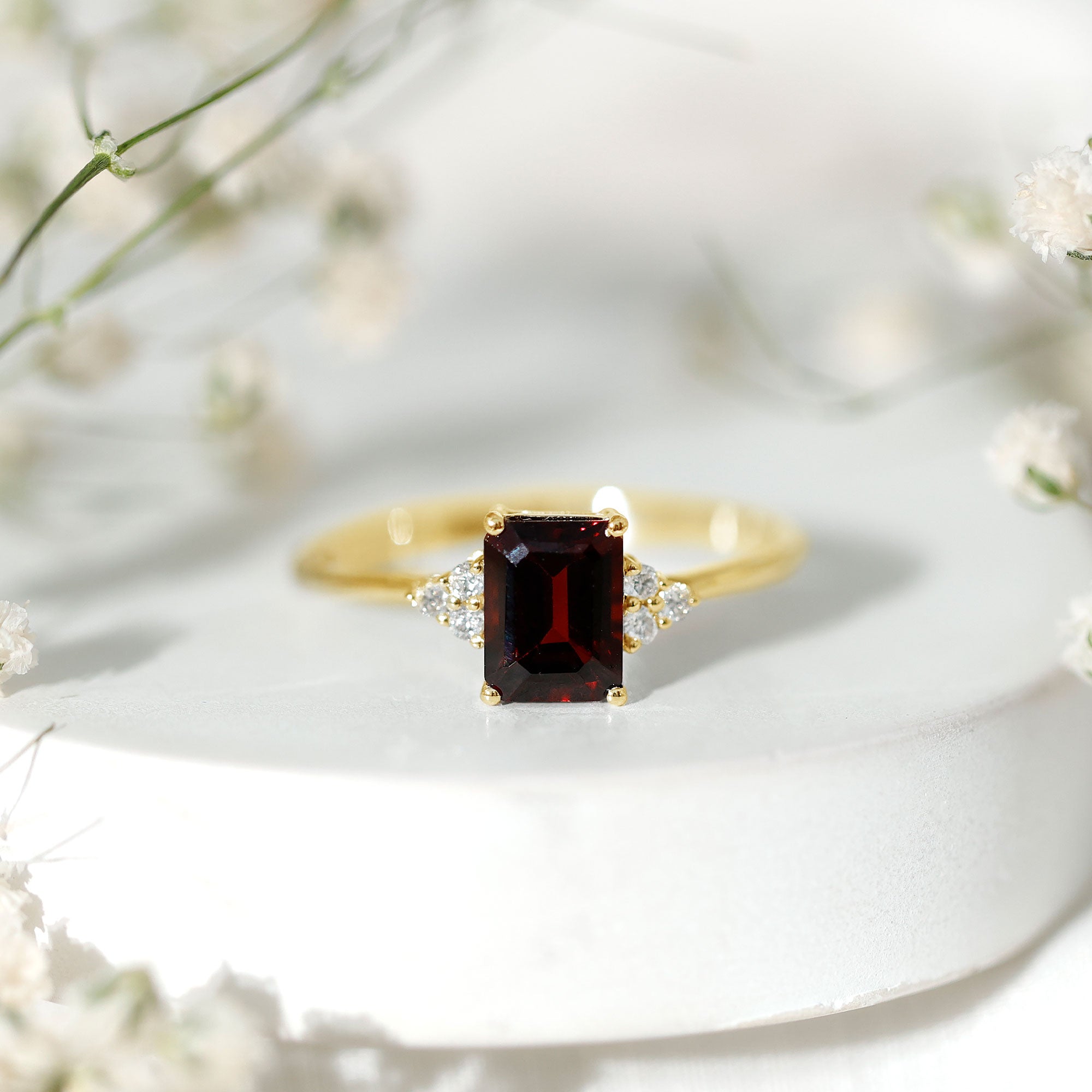 Natural Garnet Emerald Cut Engagement Ring with Diamond Trio AAA - Rosec Jewels