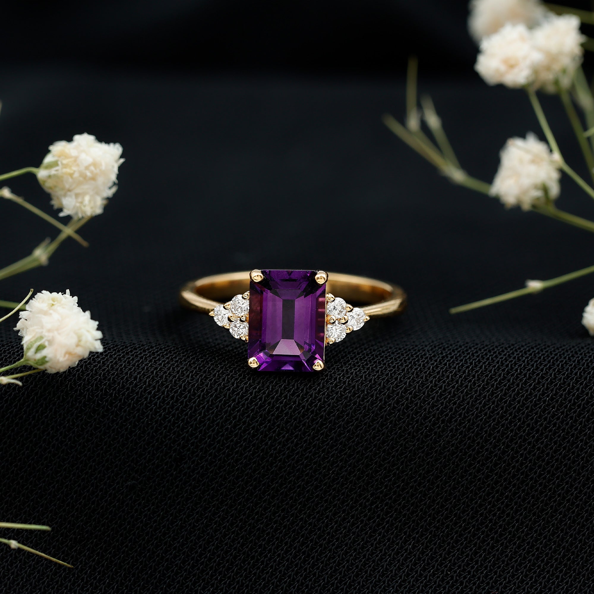Rosec Jewels-Real 1.4 Carat Amethyst Emerald Cut Engagement Ring with Diamond Trio
