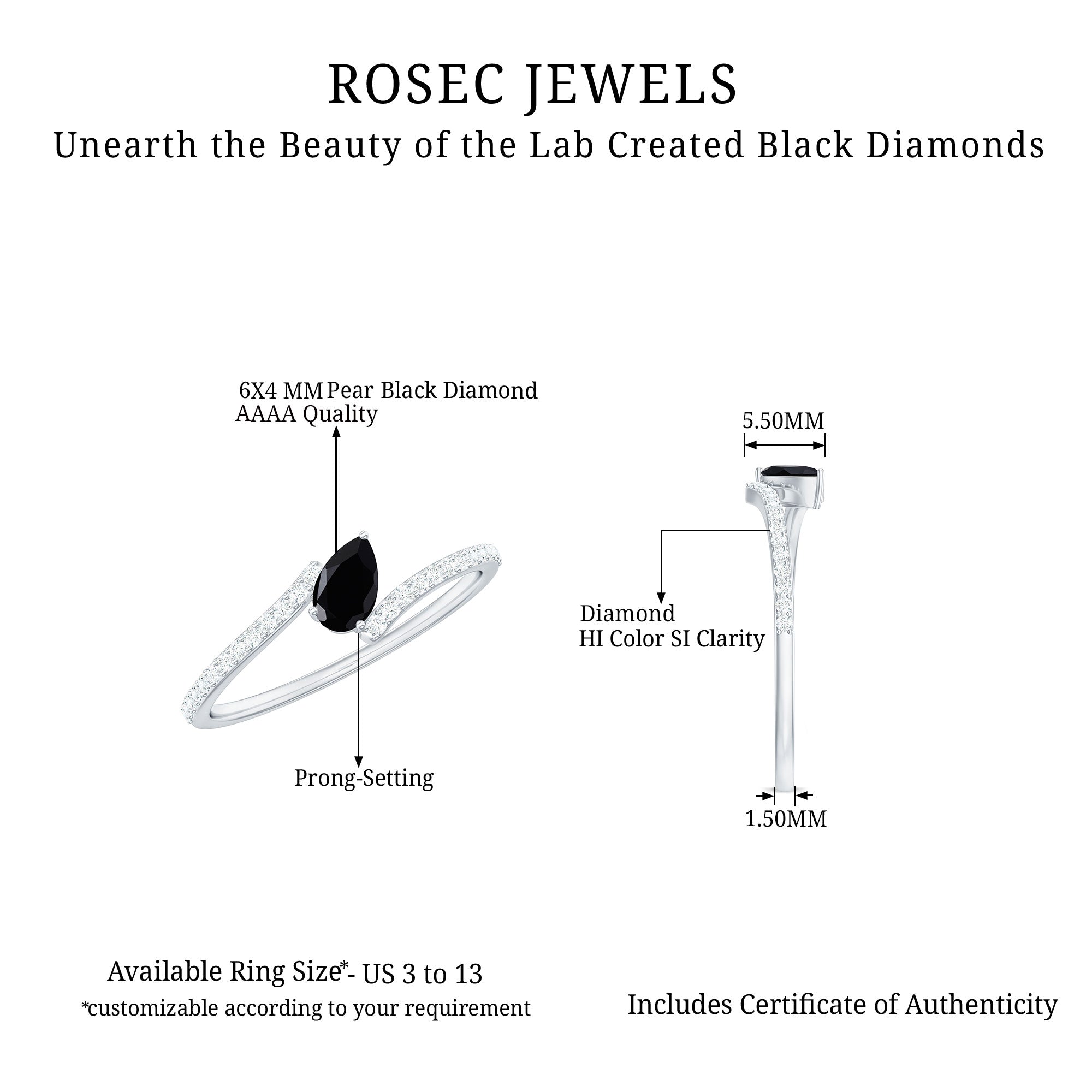 Certified 0.8 Carat Lab Grown Black and White Diamond Promise Ring with Bypass Shank AAAA ( Synthetic ) - Rosec Jewels