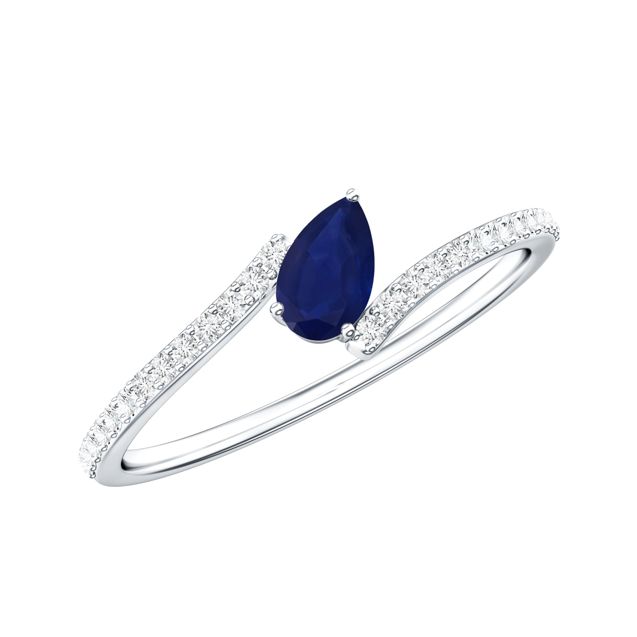 Tilted Pear Shaped Blue Sapphire Bypass Promise Ring with Diamond AAA - Rosec Jewels