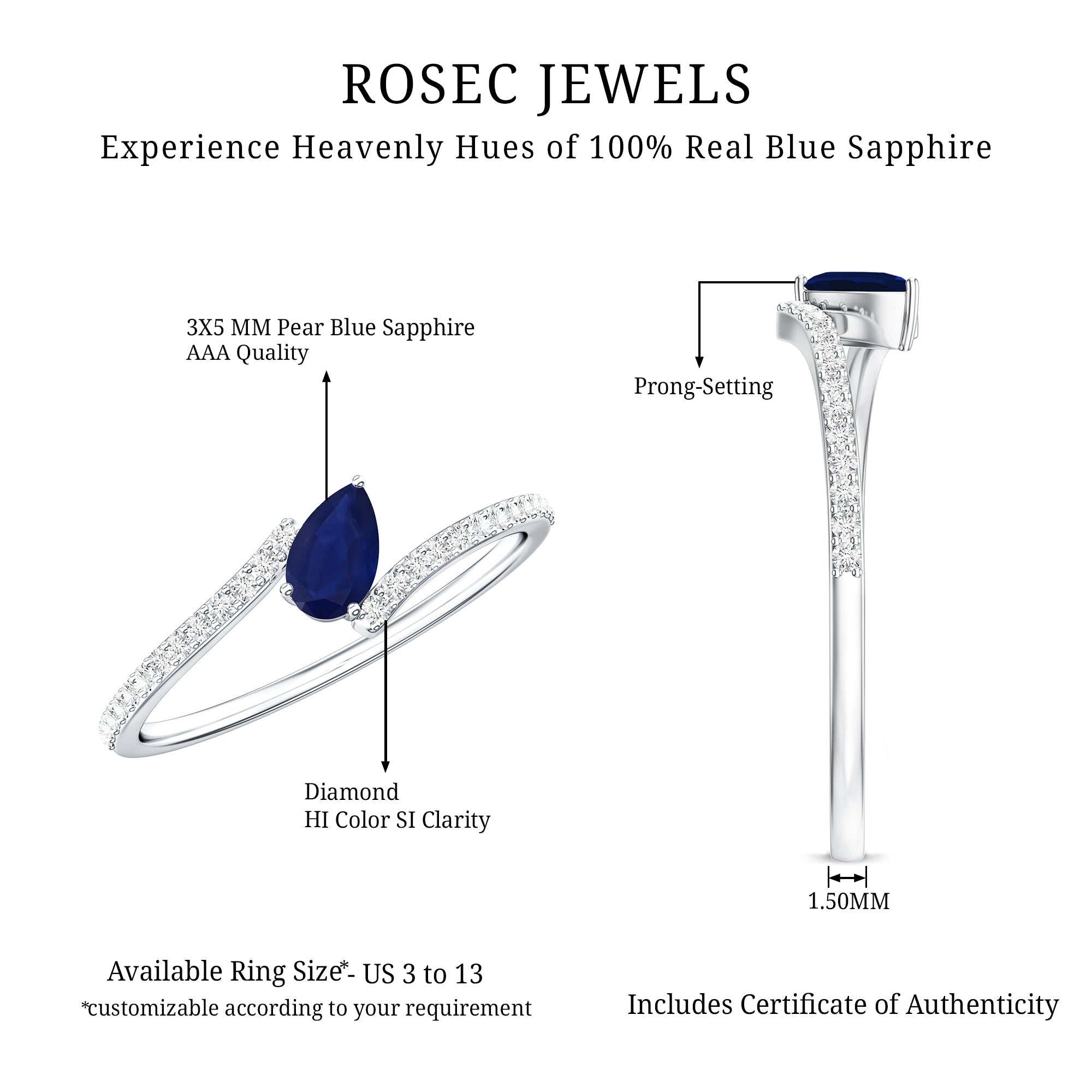 Tilted Pear Shaped Blue Sapphire Bypass Promise Ring with Diamond AAA - Rosec Jewels