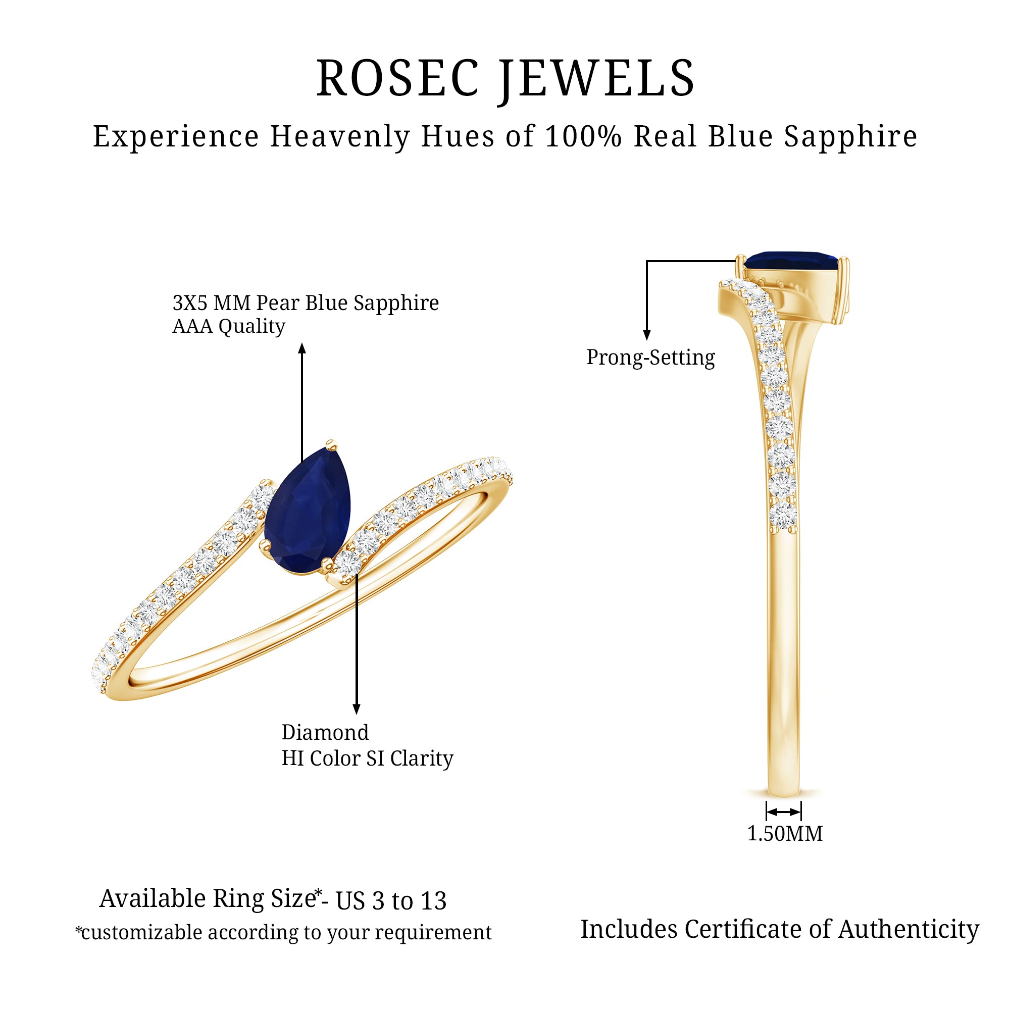 Tilted Pear Shaped Blue Sapphire Bypass Promise Ring with Diamond AAA - Rosec Jewels