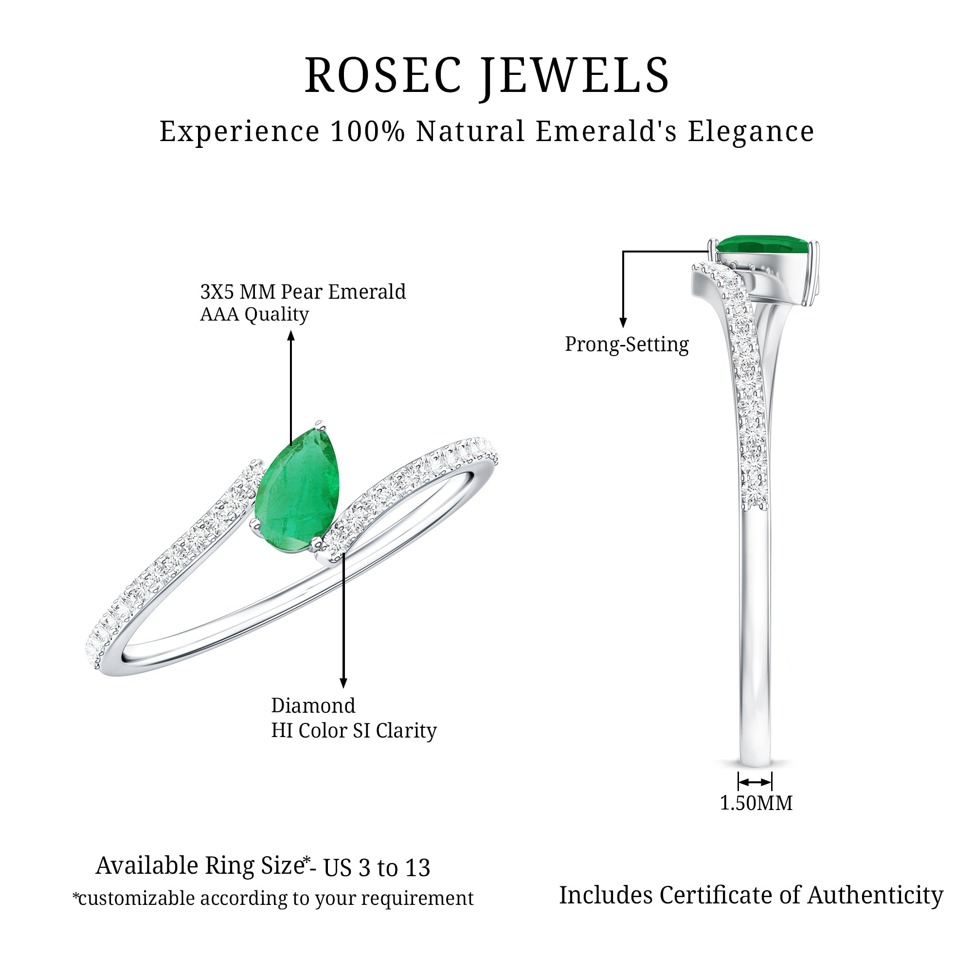 Pear Shaped Emerald and Diamond Promise Ring in Bypass Shank AAA - Rosec Jewels