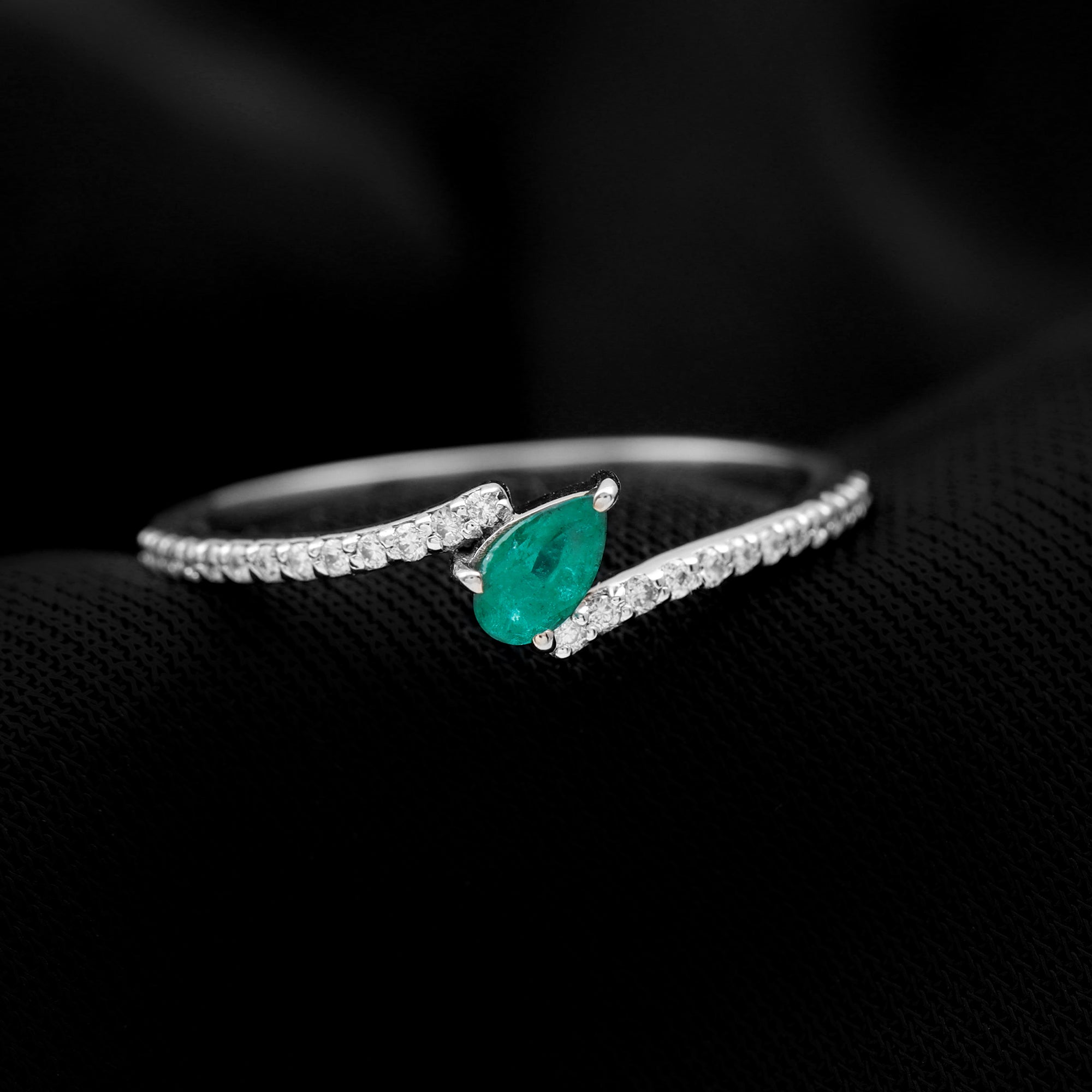Pear Shaped Emerald and Diamond Promise Ring in Bypass Shank AAA - Rosec Jewels