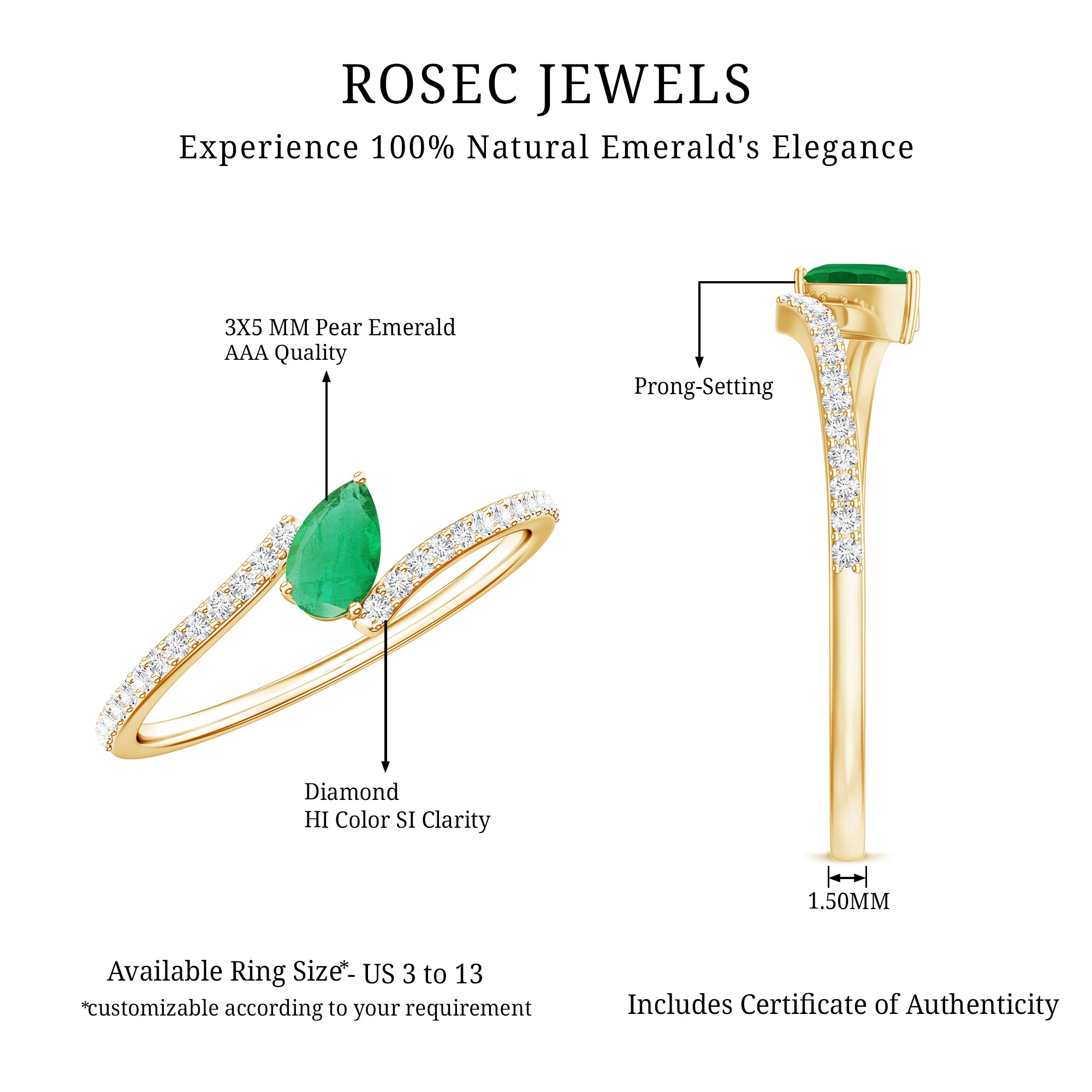 Pear Shaped Emerald and Diamond Promise Ring in Bypass Shank AAA - Rosec Jewels
