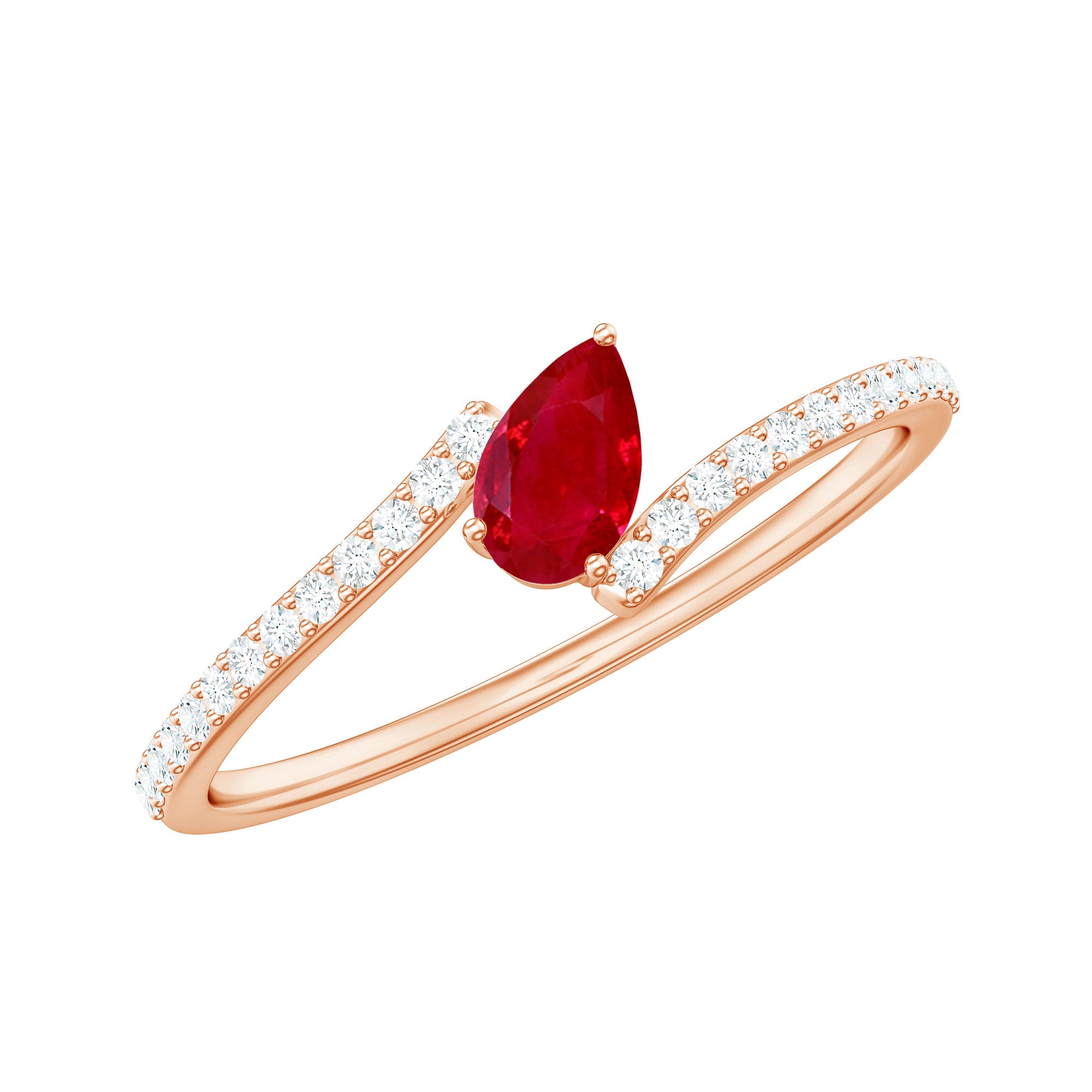 Tilted Pear Shape Ruby and Diamond Bypass Promise Ring AAA - Rosec Jewels