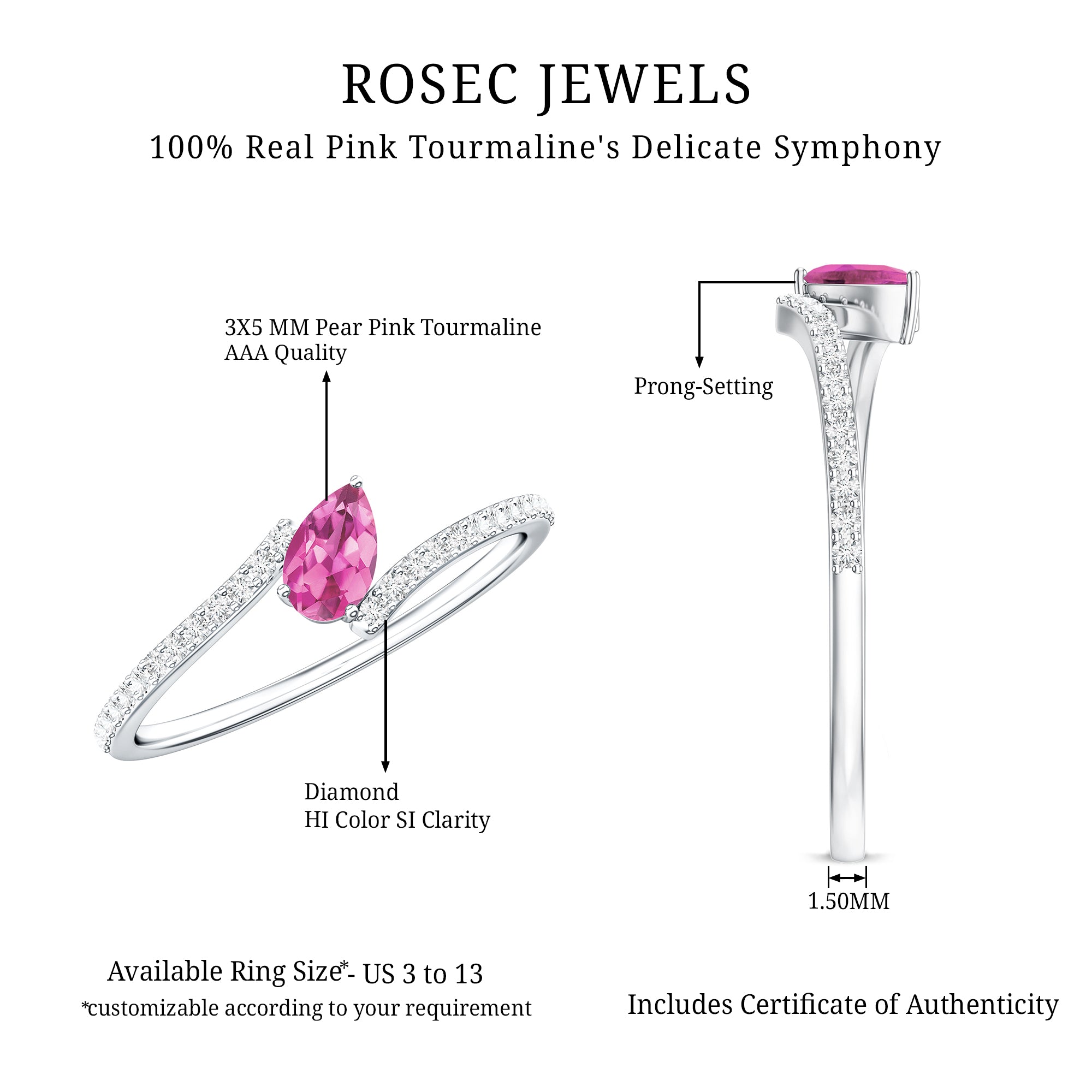 Tilted Pear Shape Pink Tourmaline and Diamond Bypass Promise Ring AAA - Rosec Jewels