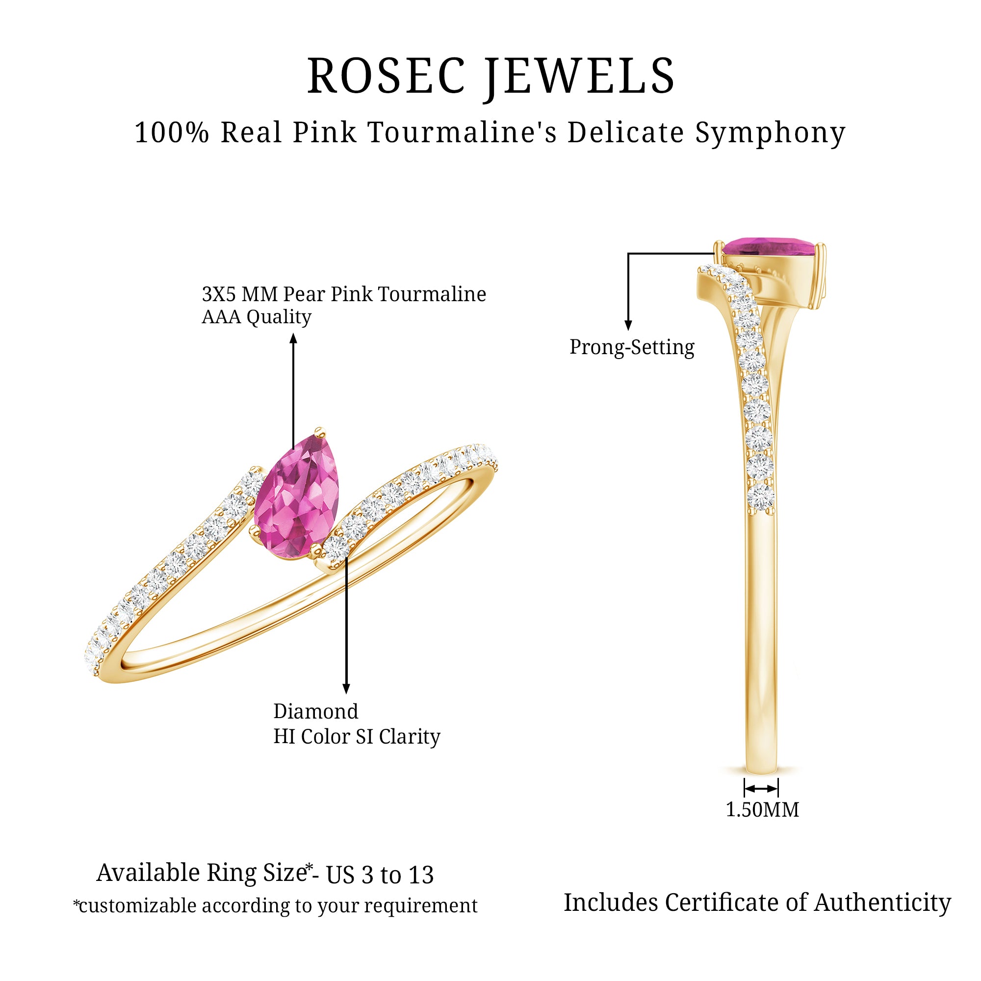 Tilted Pear Shape Pink Tourmaline and Diamond Bypass Promise Ring AAA - Rosec Jewels
