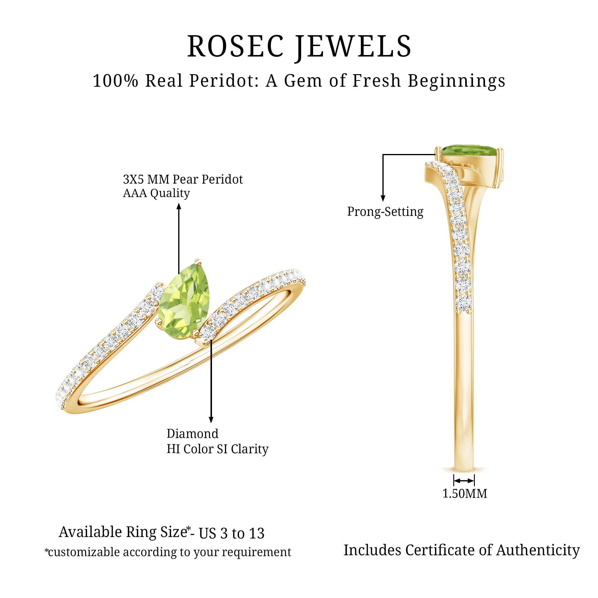 Natural Pear Shape Peridot Promise Ring with Bypass Diamond AAA - Rosec Jewels