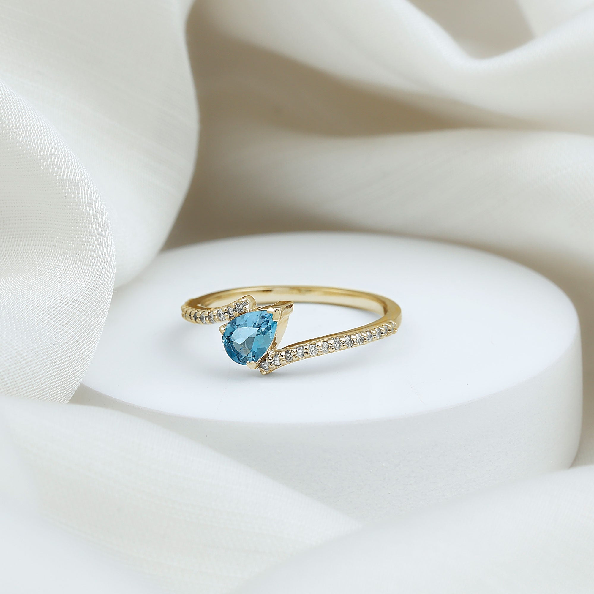 Real Aquamarine and Diamond Promise Ring in Bypass Shank AAA - Rosec Jewels