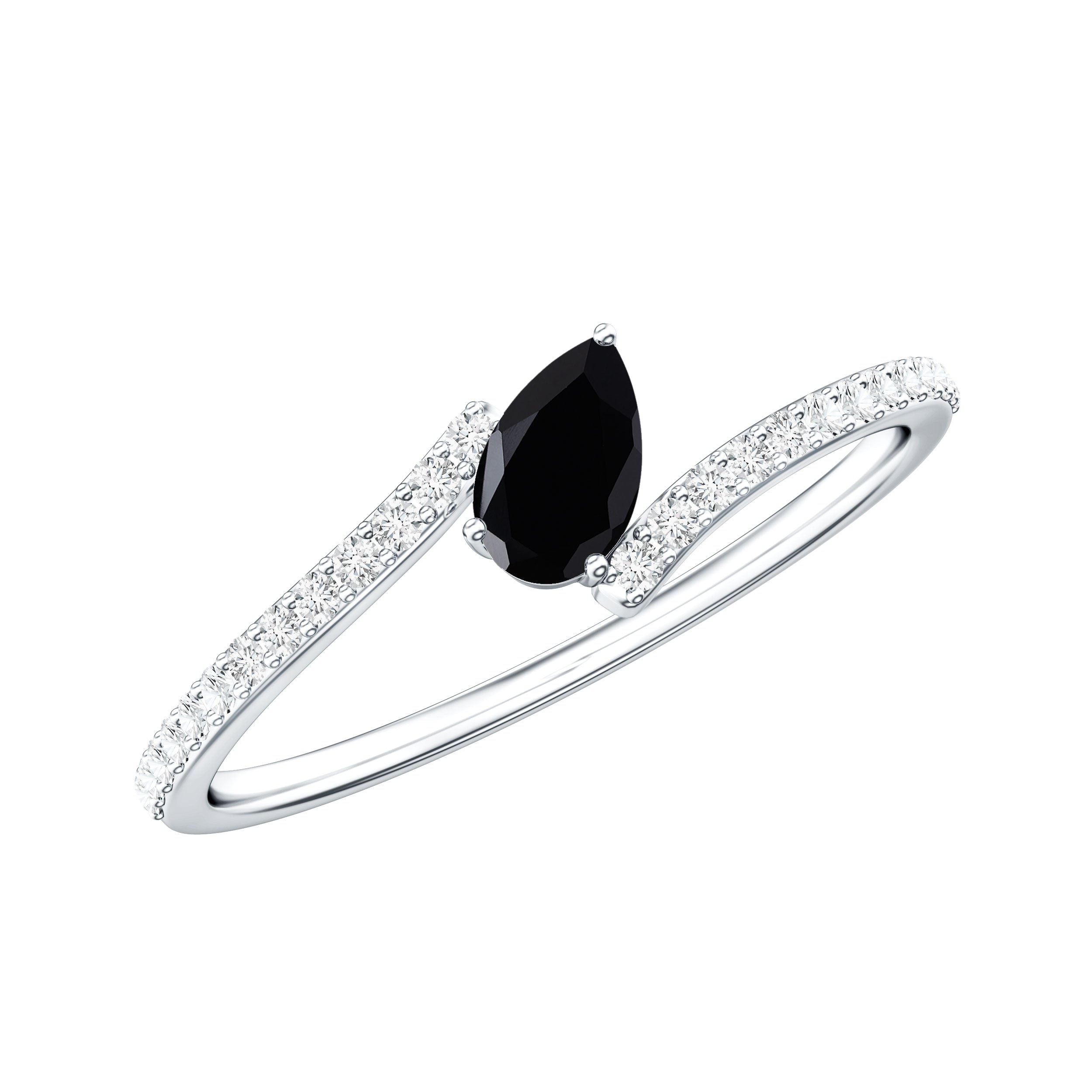 Minimalist Pear Cut Black Onyx Solitaire Promise Ring with Diamond Bypass Shank AAA - Rosec Jewels