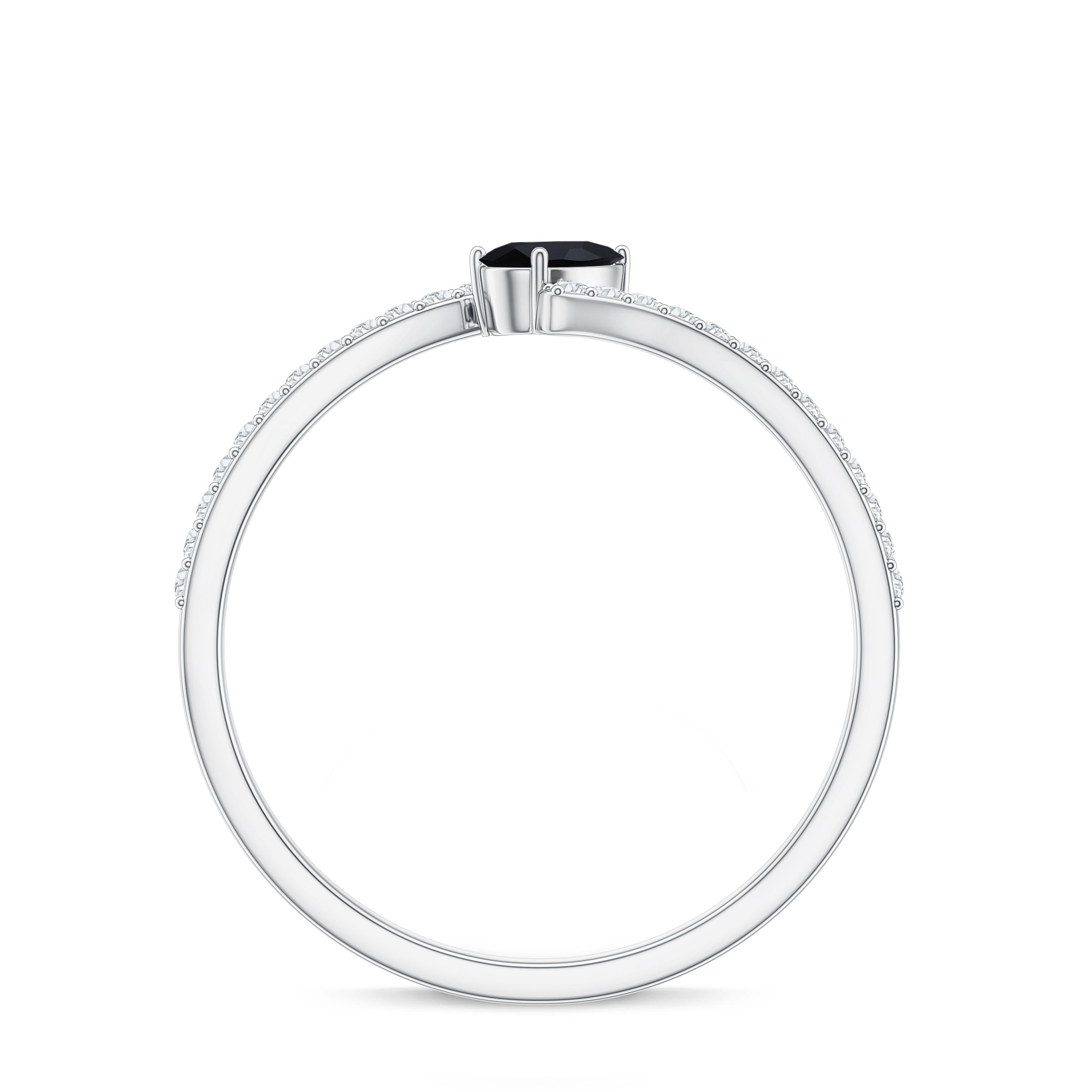 Minimalist Pear Cut Black Onyx Solitaire Promise Ring with Diamond Bypass Shank AAA - Rosec Jewels