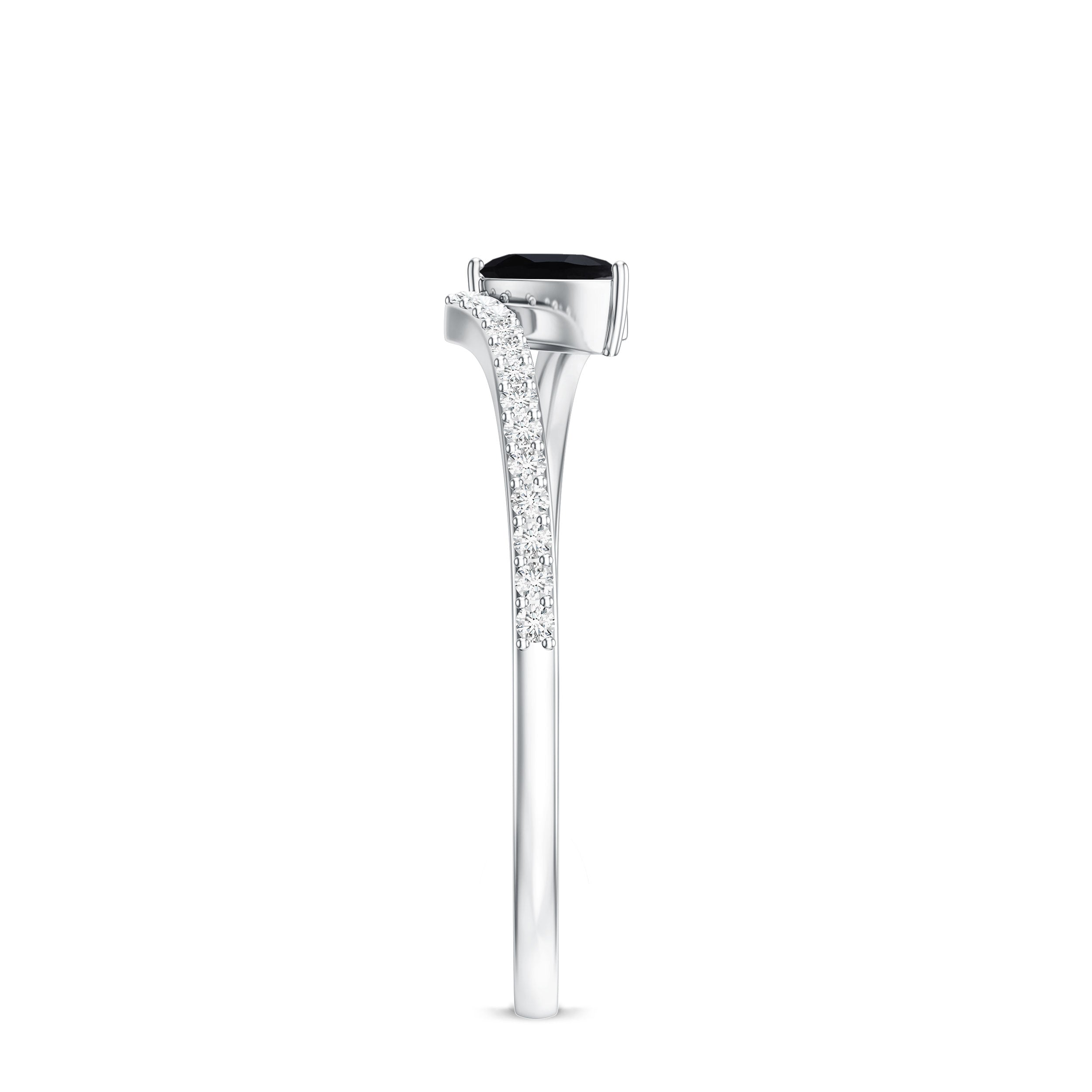Minimalist Pear Cut Black Onyx Solitaire Promise Ring with Diamond Bypass Shank AAA - Rosec Jewels