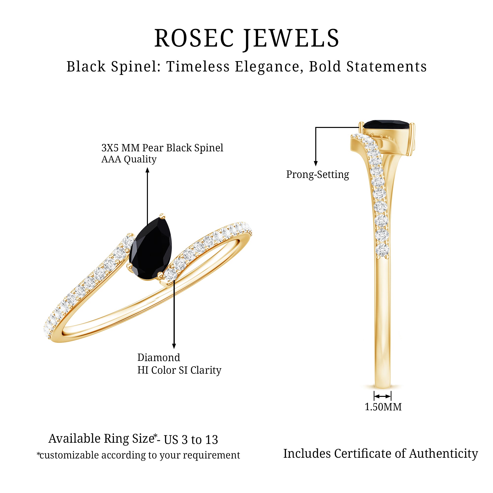 Real Black Spinel Promise Ring with Diamond Bypass Shank AAA - Rosec Jewels