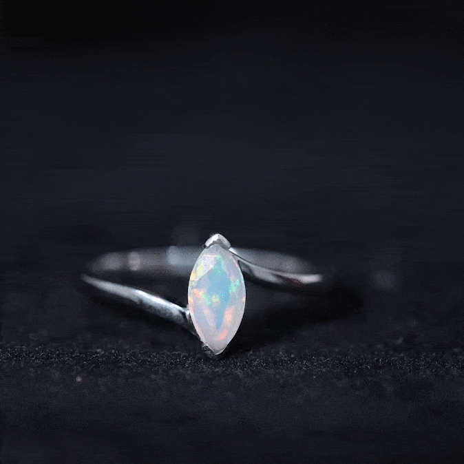 Natural Marquise Ethiopian Rainbow Opal Promise Ring with Bypass Shank AAA - Rosec Jewels