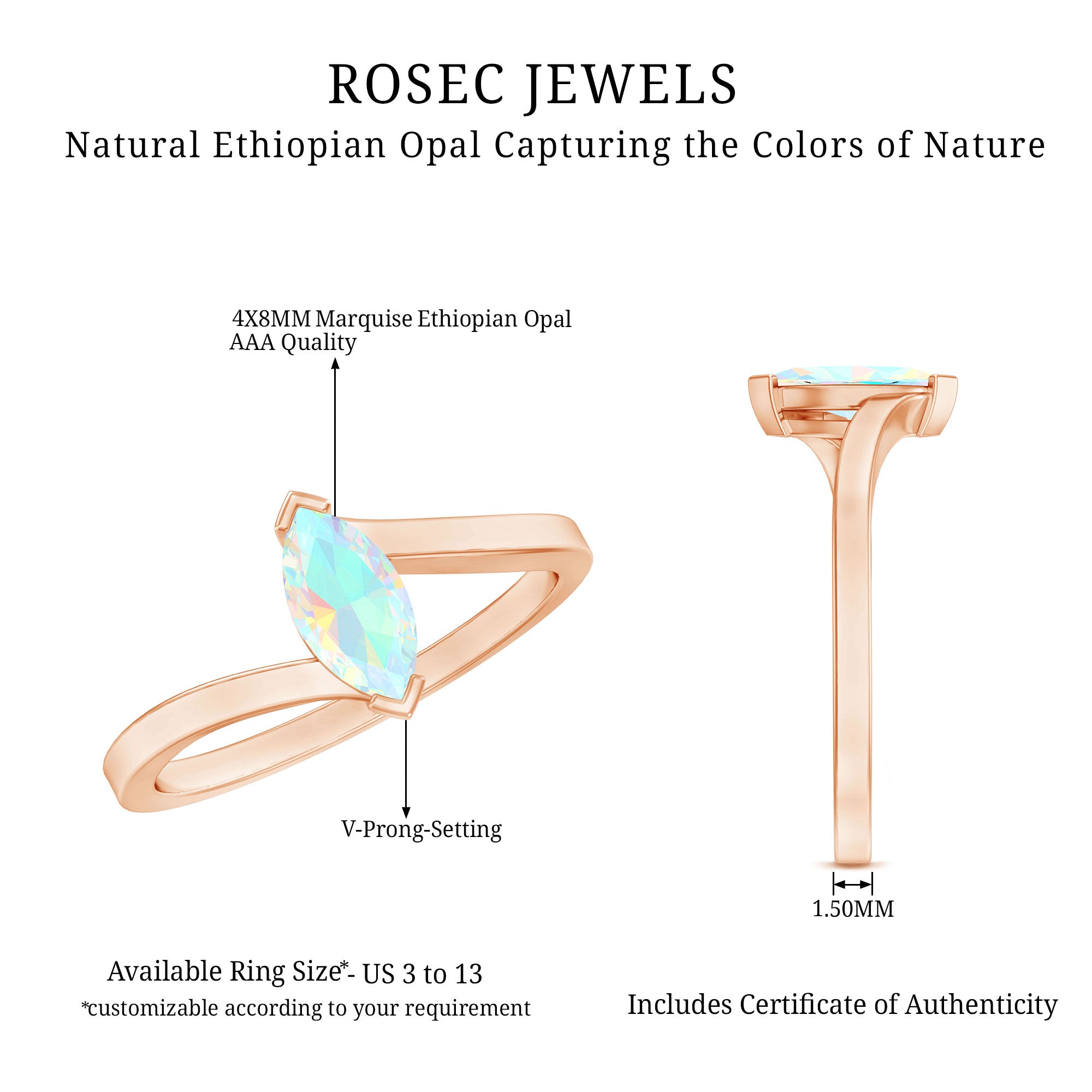 Natural Marquise Ethiopian Rainbow Opal Promise Ring with Bypass Shank AAA - Rosec Jewels