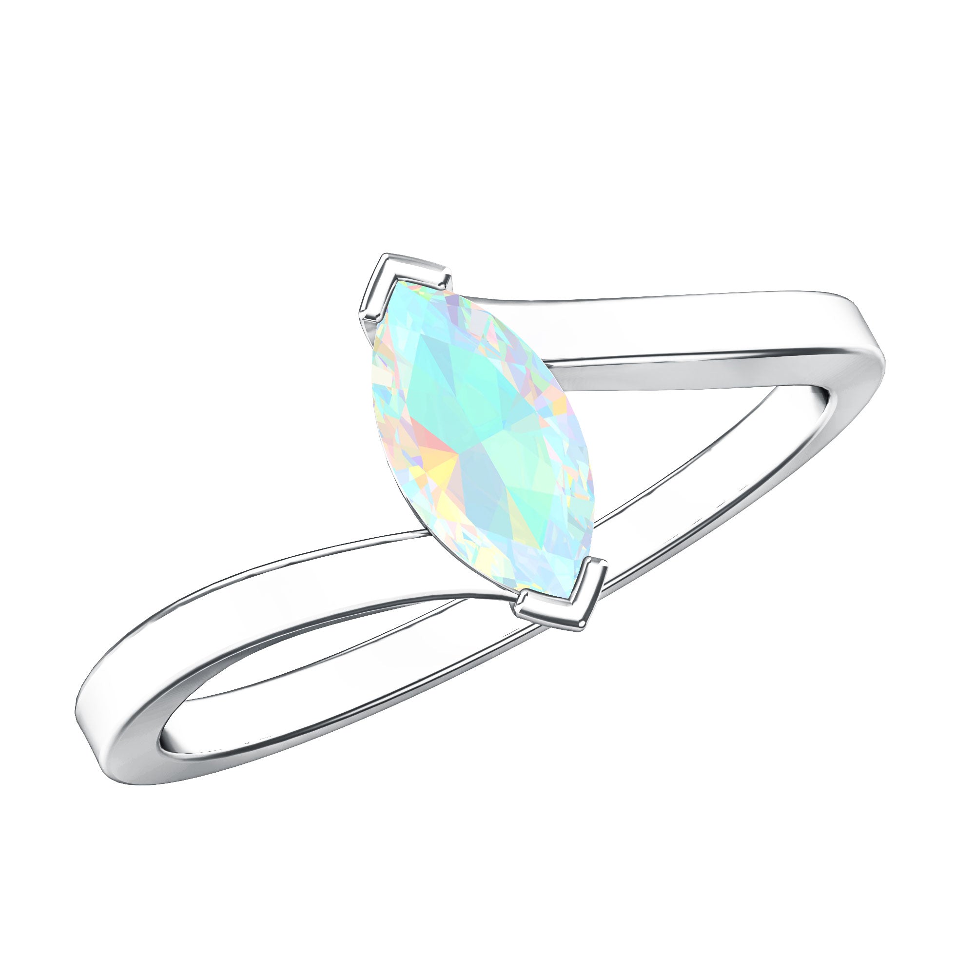 Natural Marquise Ethiopian Rainbow Opal Promise Ring with Bypass Shank