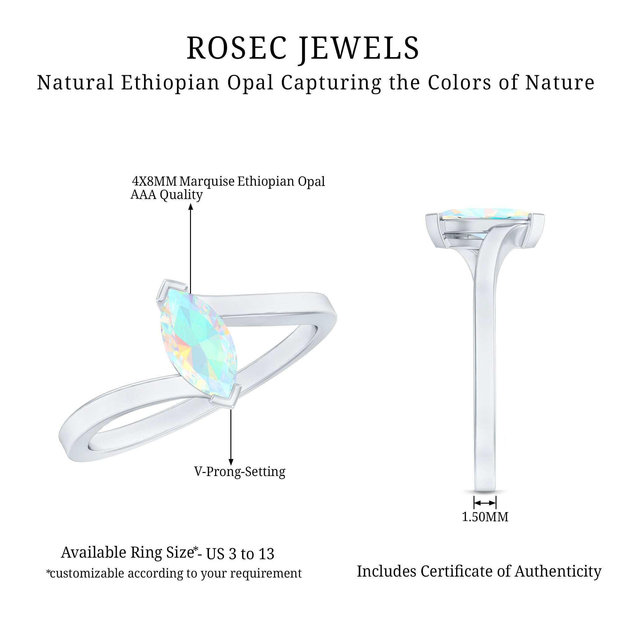 Natural Marquise Ethiopian Rainbow Opal Promise Ring with Bypass Shank AAA - Rosec Jewels