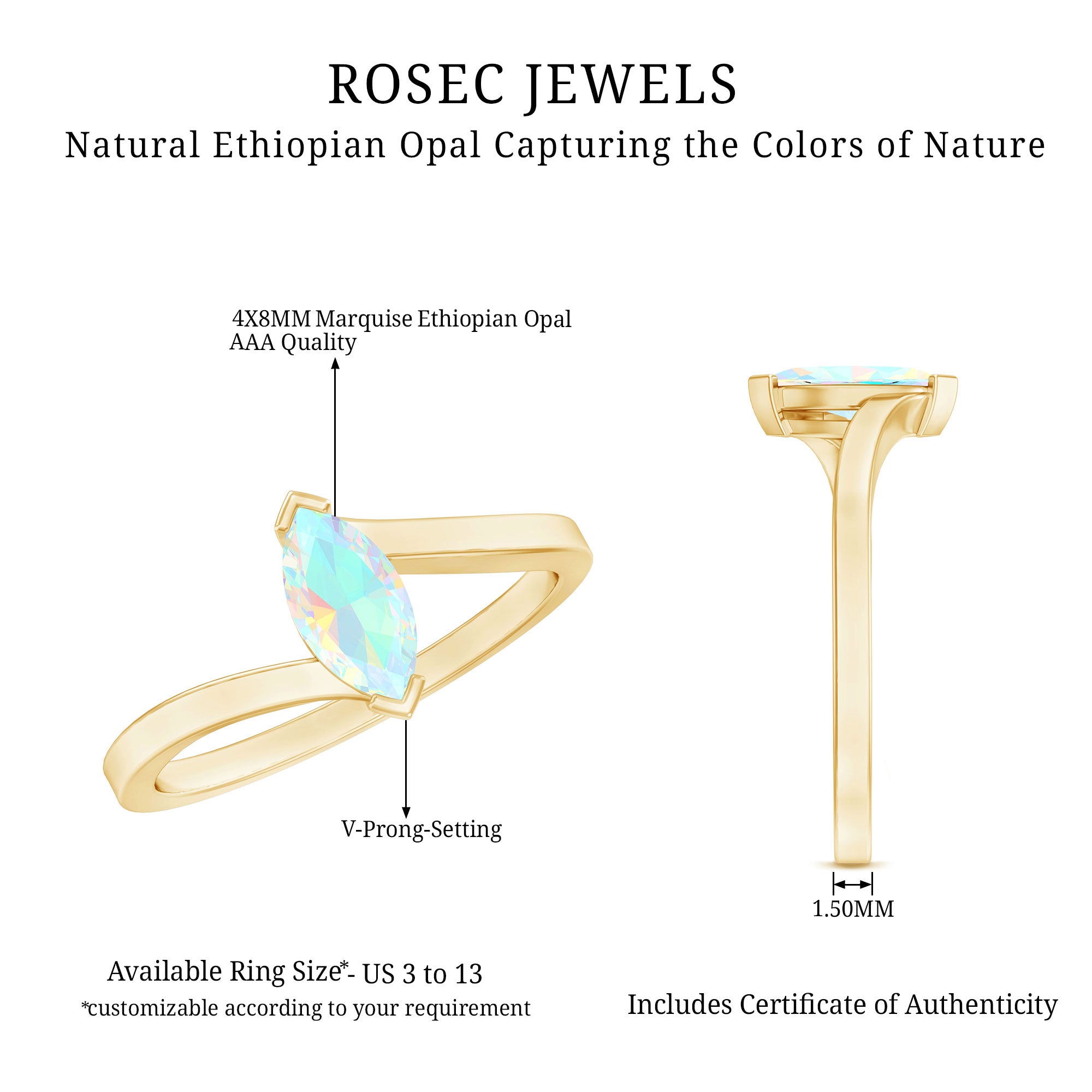 Natural Marquise Ethiopian Rainbow Opal Promise Ring with Bypass Shank AAA - Rosec Jewels