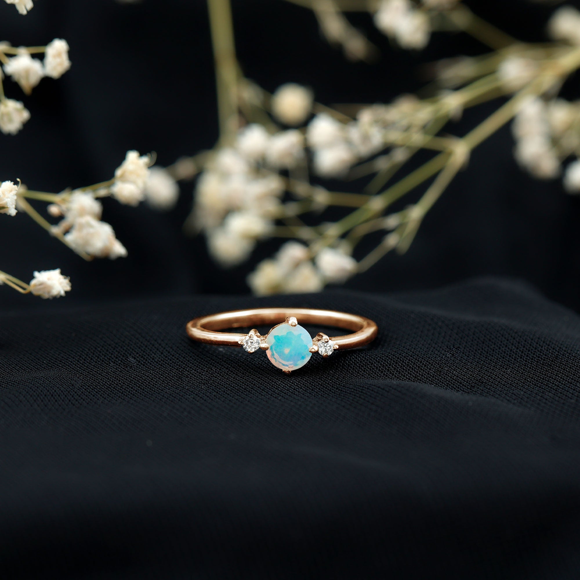 Natural Ethiopian Rainbow Opal Promise Ring with Diamond AAA - Rosec Jewels