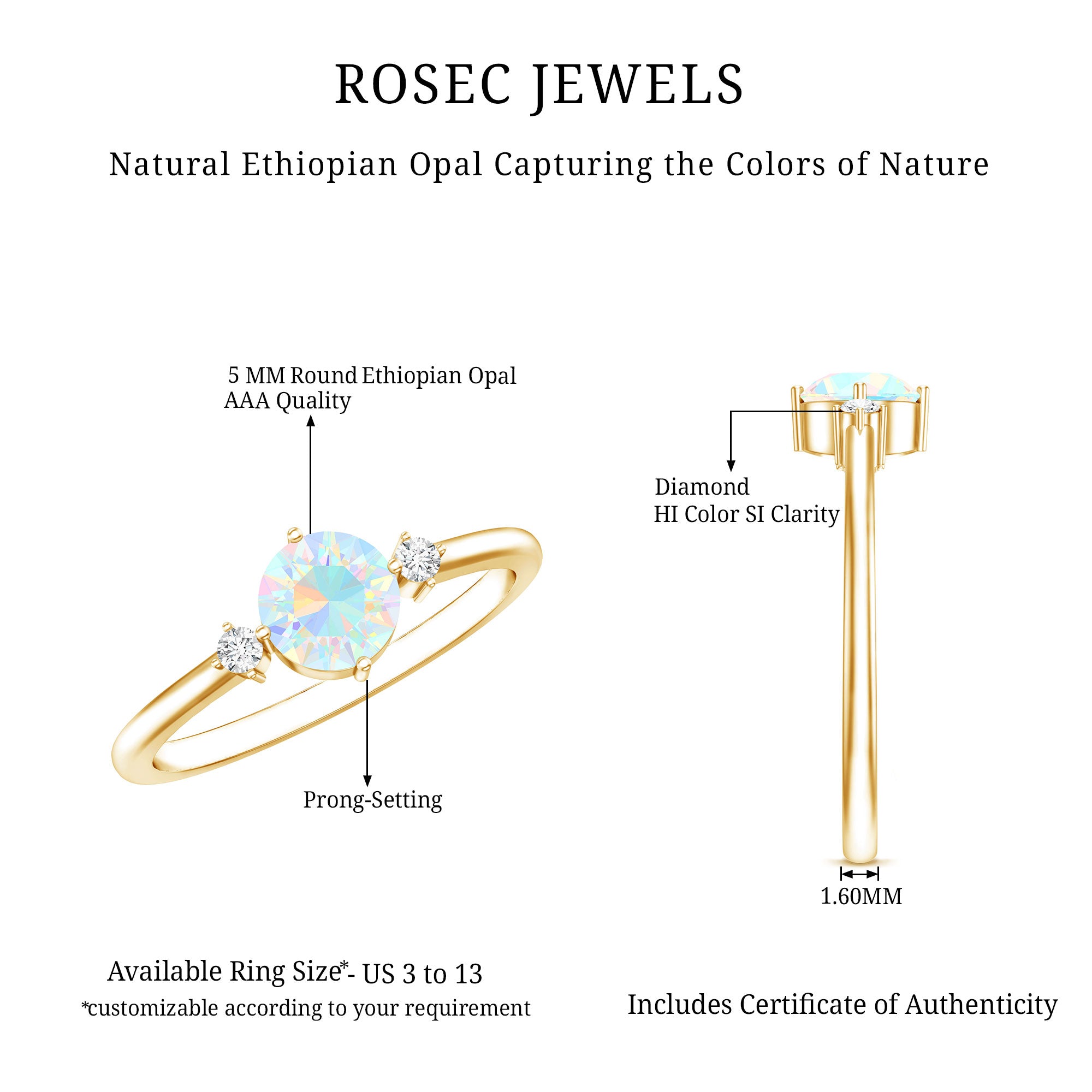 Natural Ethiopian Rainbow Opal Promise Ring with Diamond AAA - Rosec Jewels