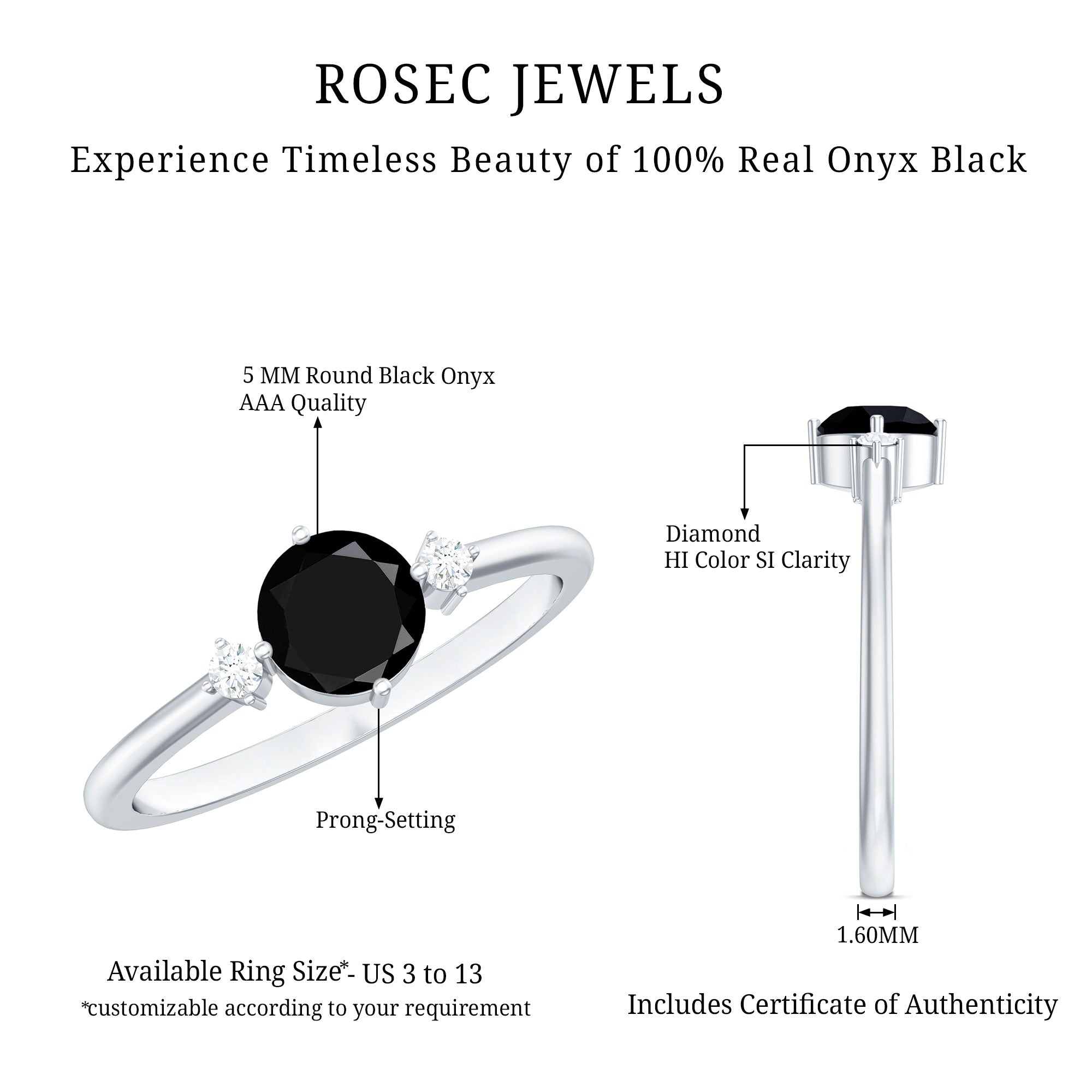 5mm Round Black Onyx Minimal Promise Ring with Diamond AAA - Rosec Jewels