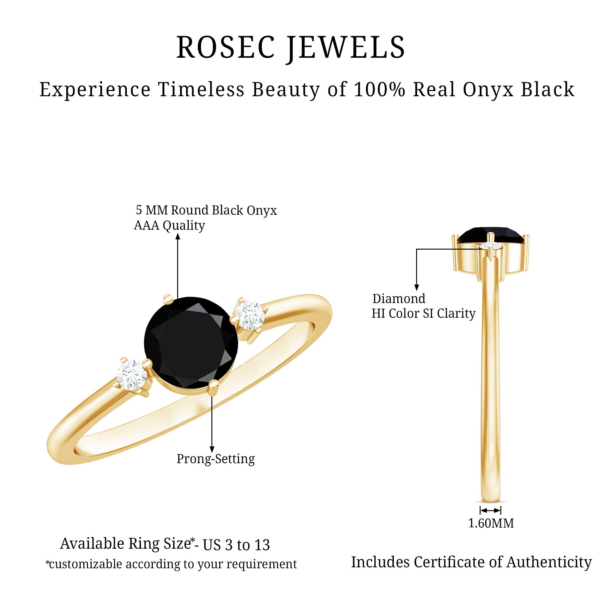 5mm Round Black Onyx Minimal Promise Ring with Diamond AAA - Rosec Jewels