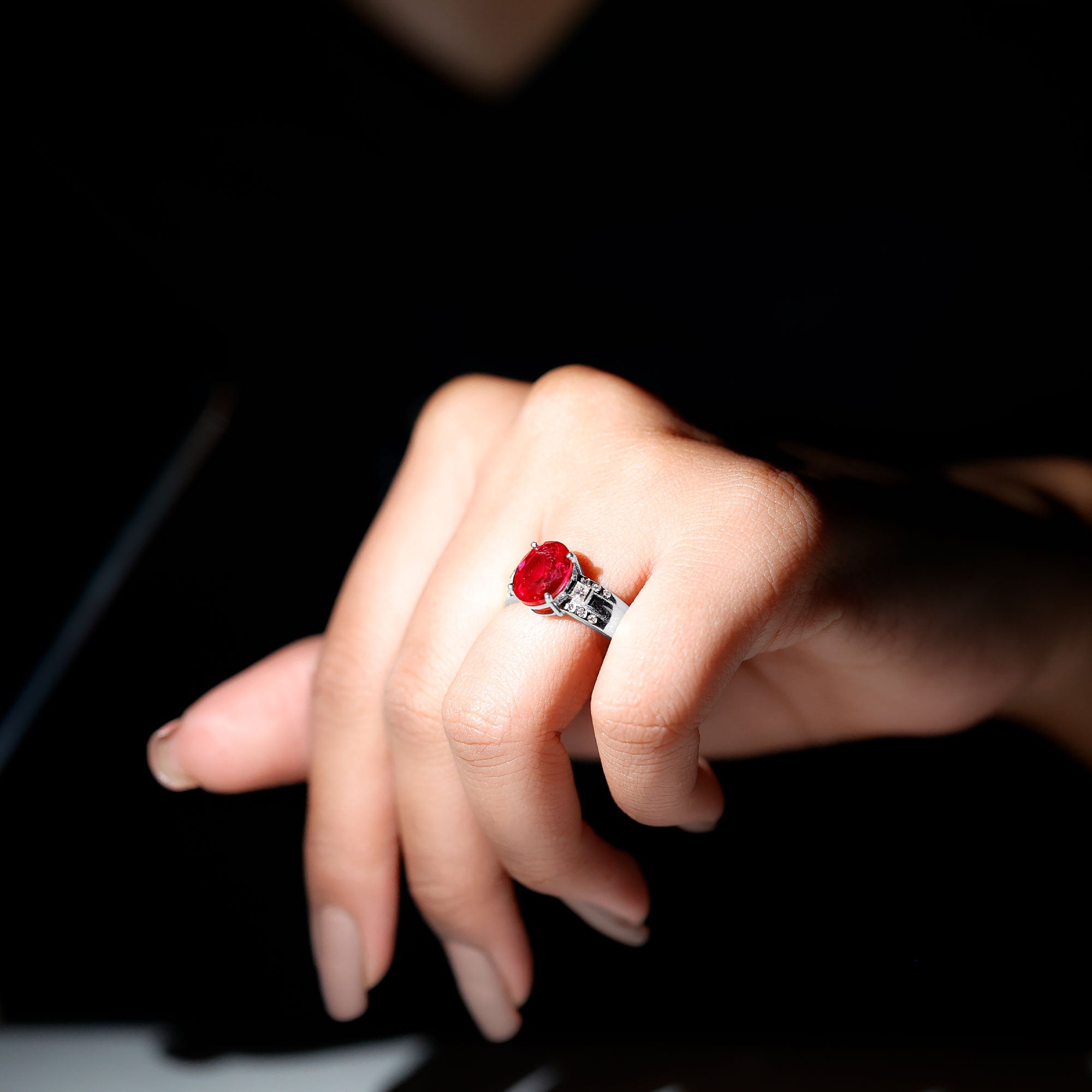 Oval Lab Grown Ruby Statement Engagement Ring with Diamond AAAA - Rosec Jewels