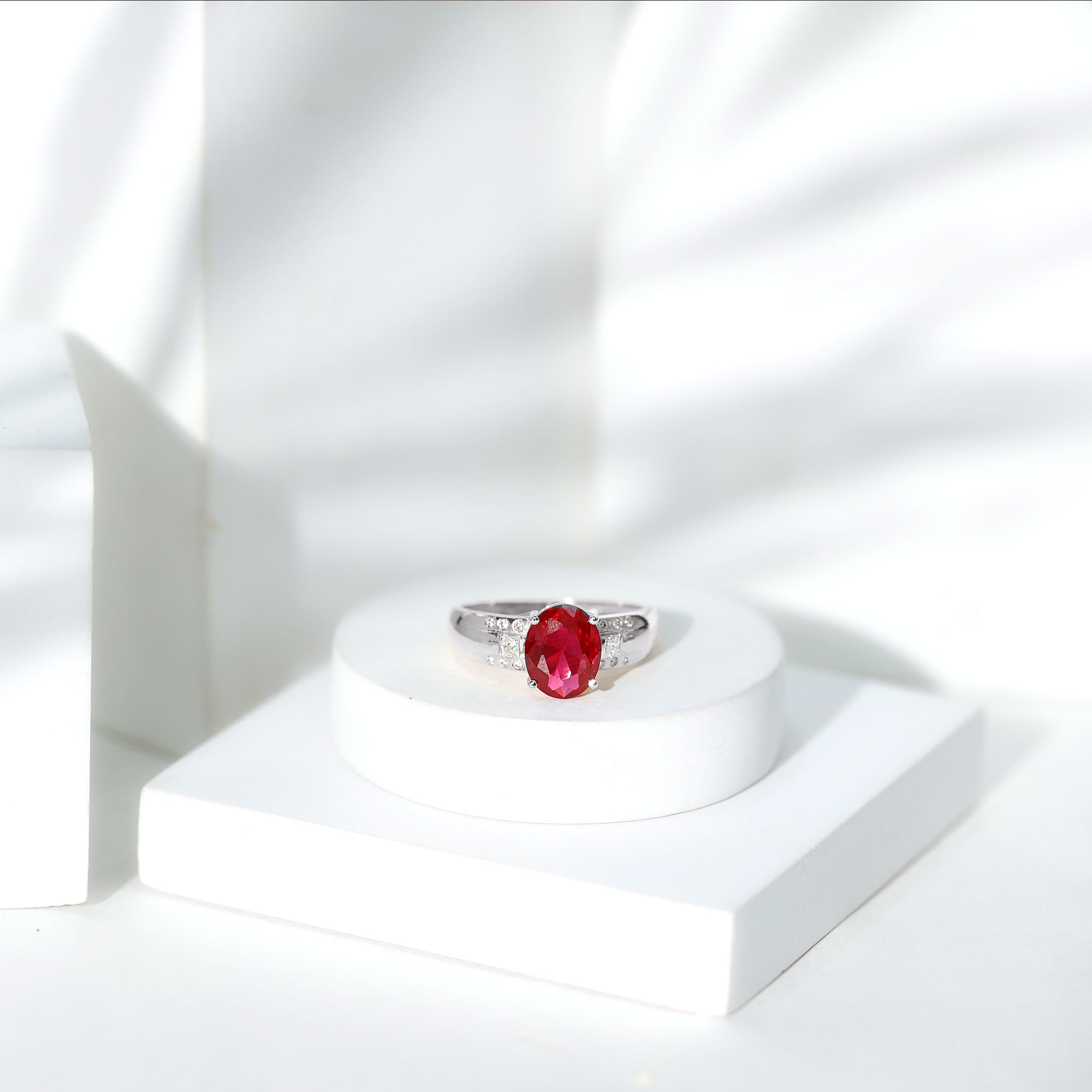 Oval Lab Grown Ruby Statement Engagement Ring with Diamond AAAA - Rosec Jewels