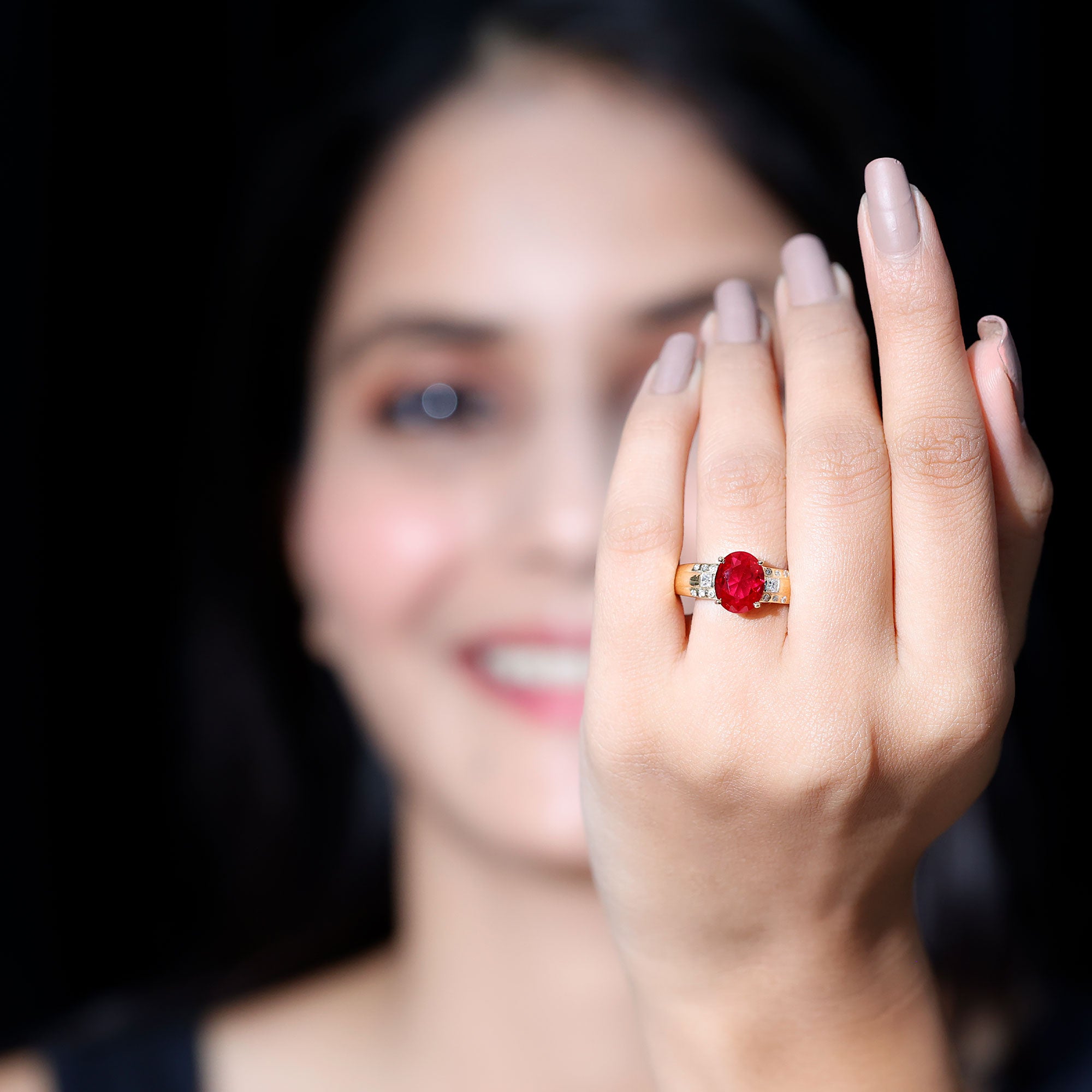 Oval Lab Grown Ruby Statement Engagement Ring with Diamond AAAA - Rosec Jewels