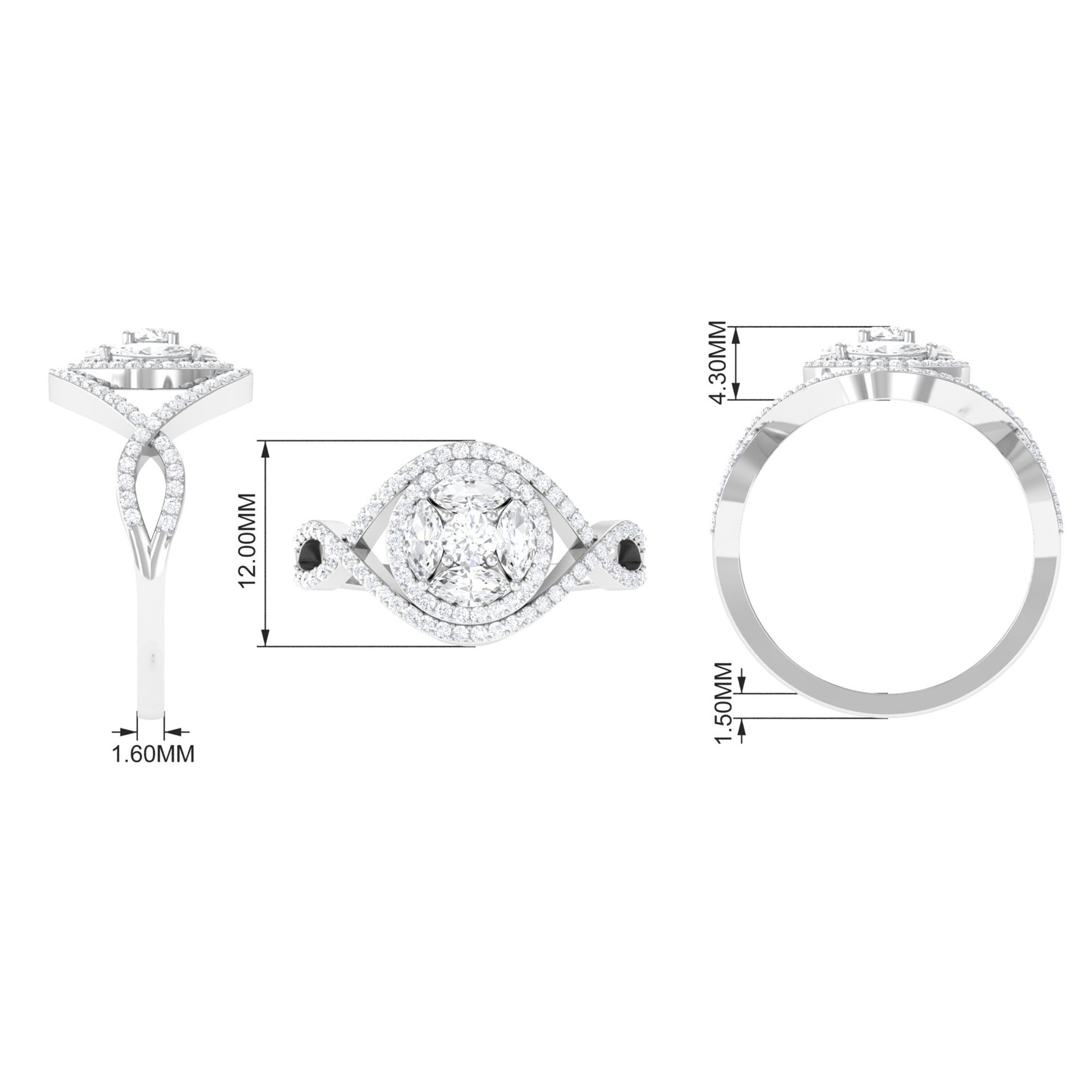 Criss Cross Zircon Cluster Engagement Ring AAAA - Rosec Jewels