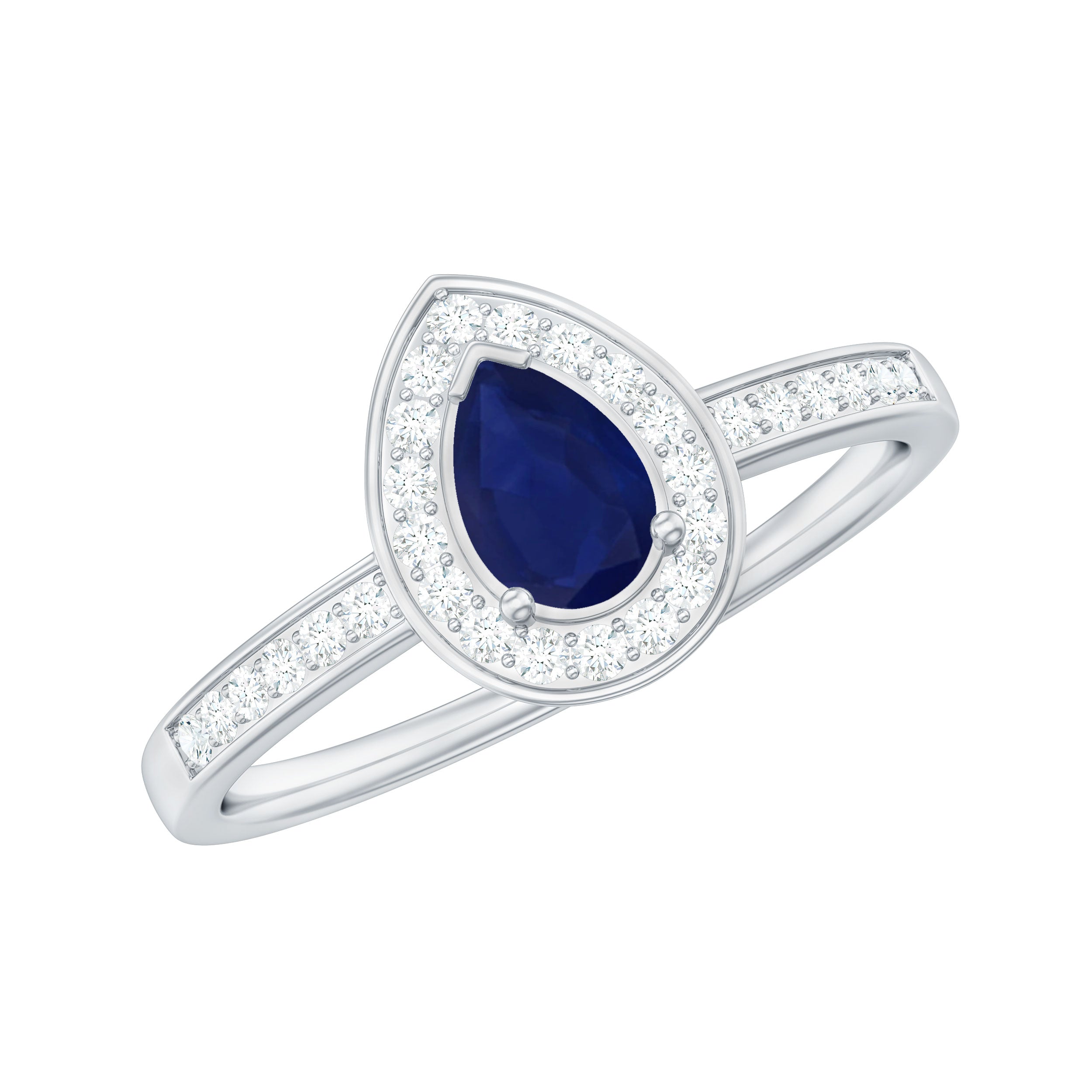 Genuine 0.5 Carat Blue Sapphire and Diamond Pear Halo Engagement Ring AAA - Rosec Jewels