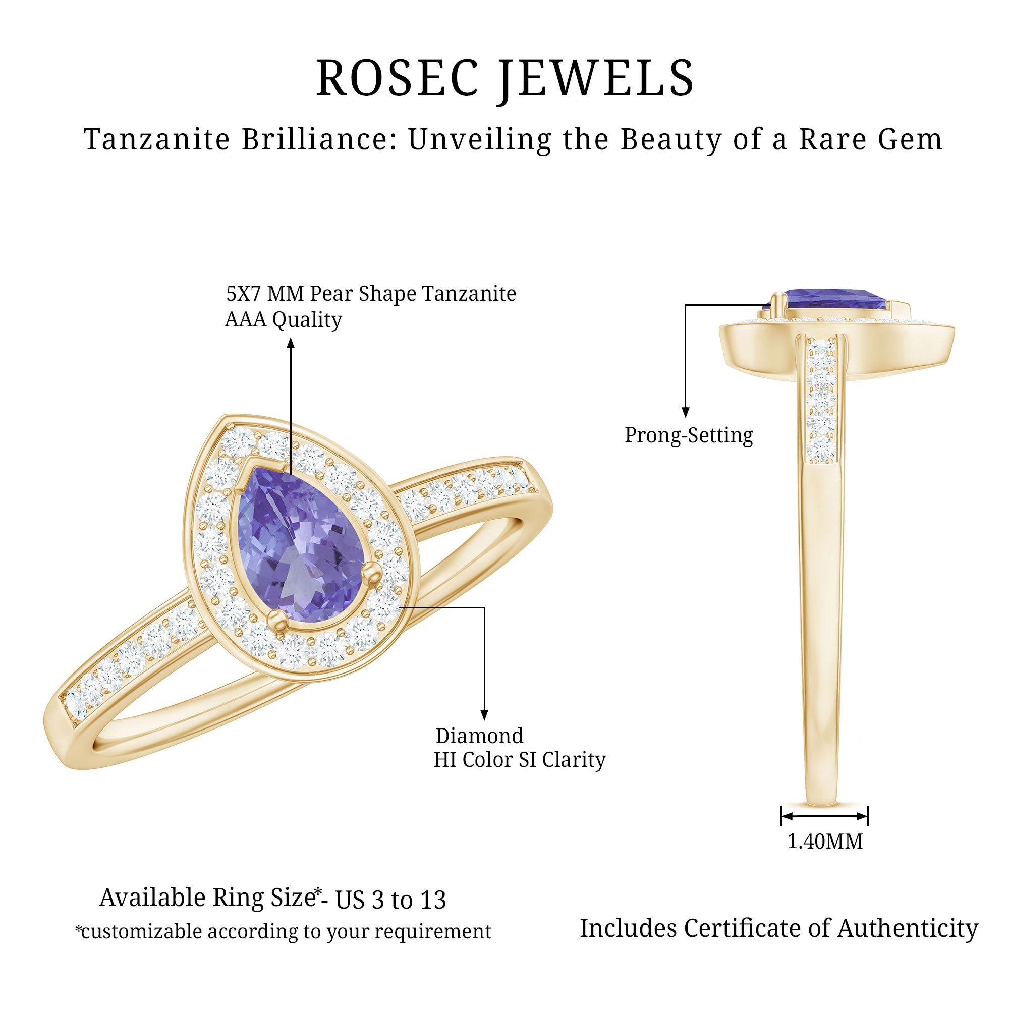 Rosec Jewels-Natural Pear Cut Tanzanite Teardrop Engagement Ring with Diamond Halo
