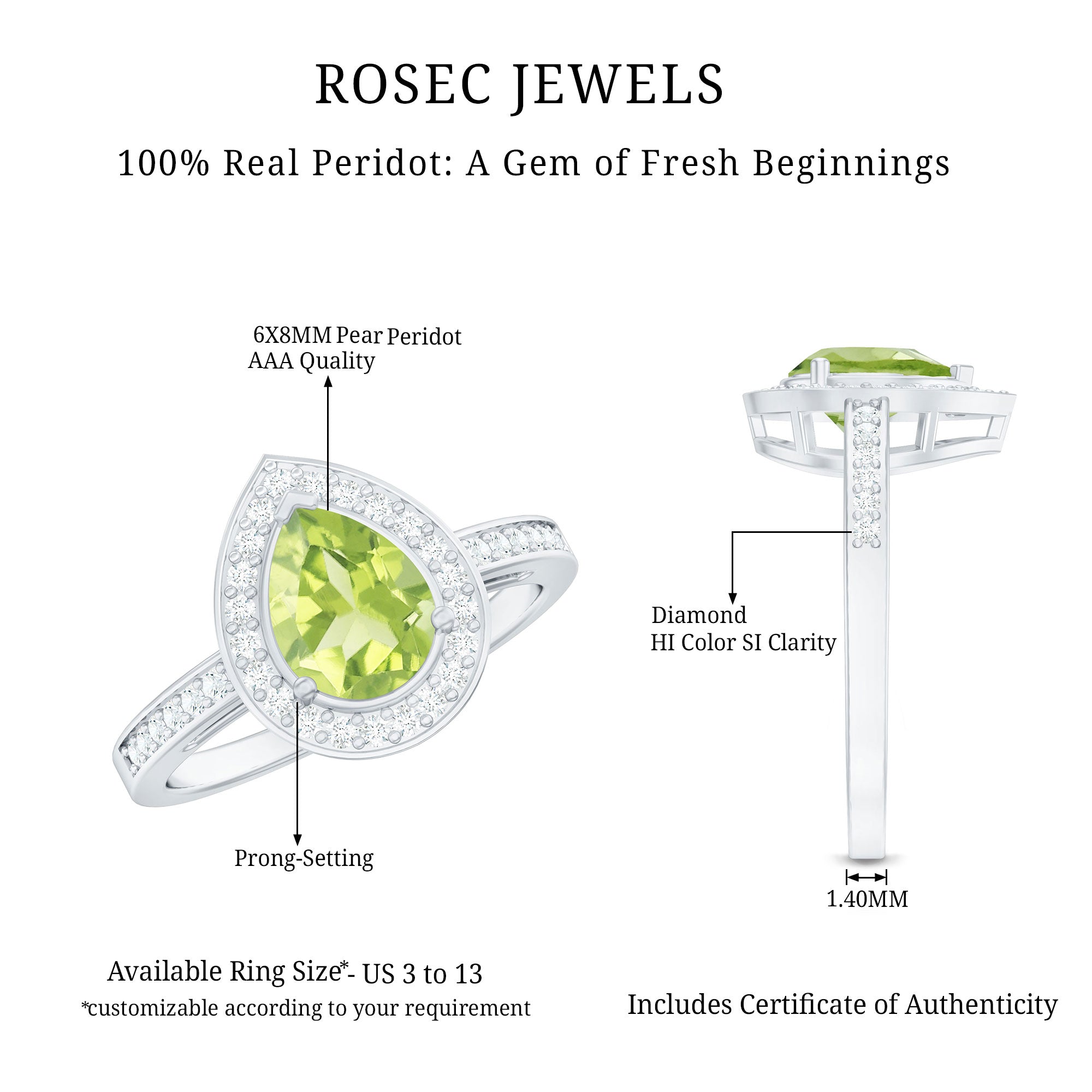 Natural 1 Carat Peridot Teardrop Engagement Ring with Diamond Halo AAA - Rosec Jewels
